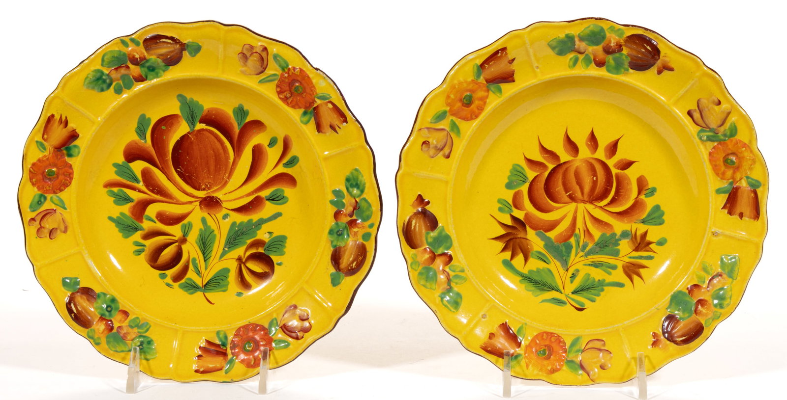 ENGLISH CANARY YELLOW HAND-PAINTED FLORAL MOTIF CERAMIC PLATES, LOT OF TWO (1 of 2)