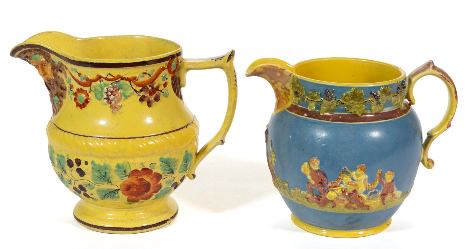 ENGLISH CANARY YELLOW RELIEF-MOLDED HAND-PAINTED CERAMIC JUGS / PITCHERS, LOT OF TWO (1 of 5)