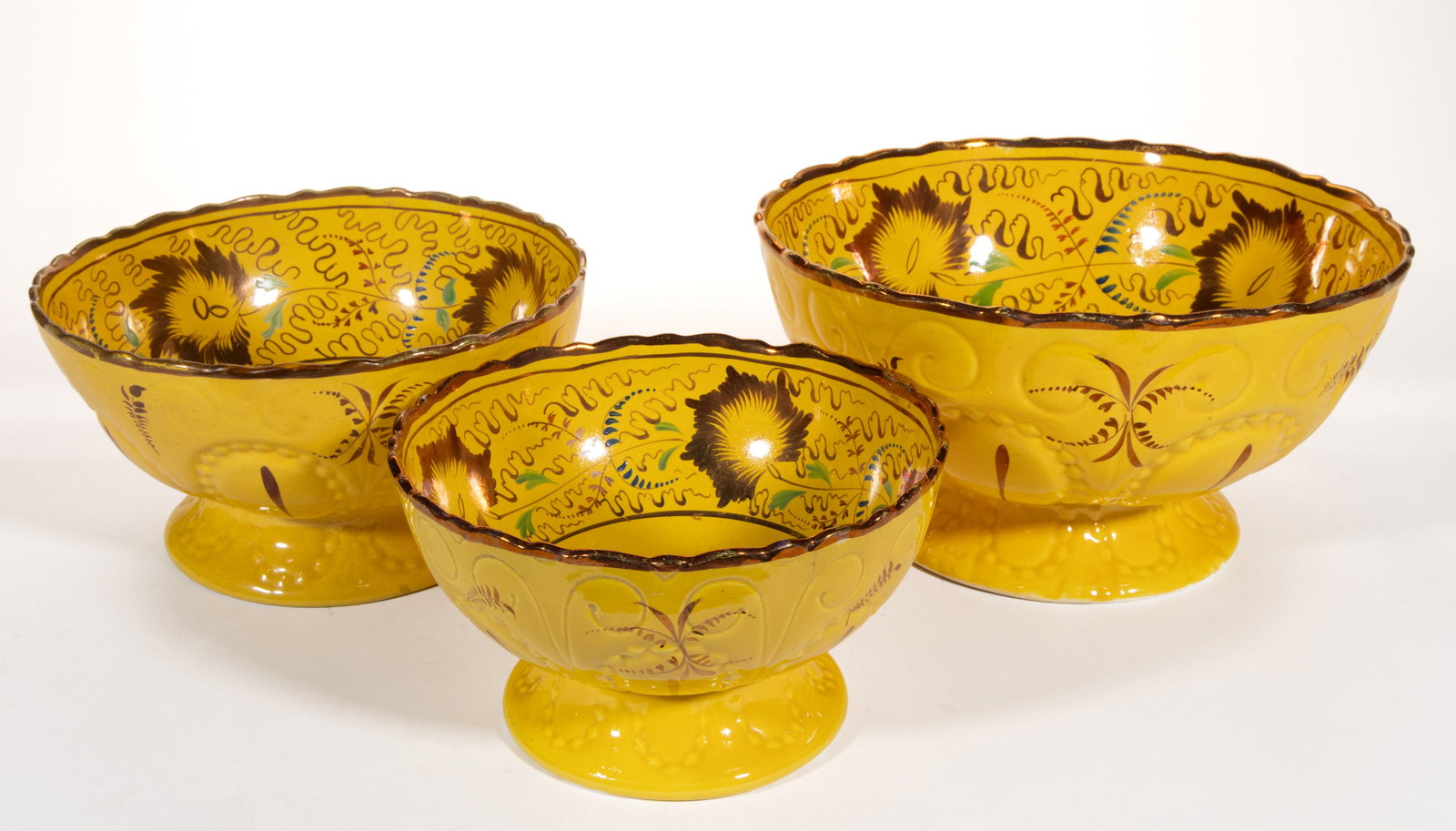 BRITISH CANARY YELLOW HAND-PAINTED CERAMIC GRADUATED PUNCH BOWLS, SET OF THREE: BRITISH CANARY YELLOW HAND-PAINTED CERAMIC GRADUATED PUNCH BOWLS, SET OF THREE, each of pedestal form with scalloped rims, having polychrome and pink lustre floral designs. Unmarked. Probably Cambrian