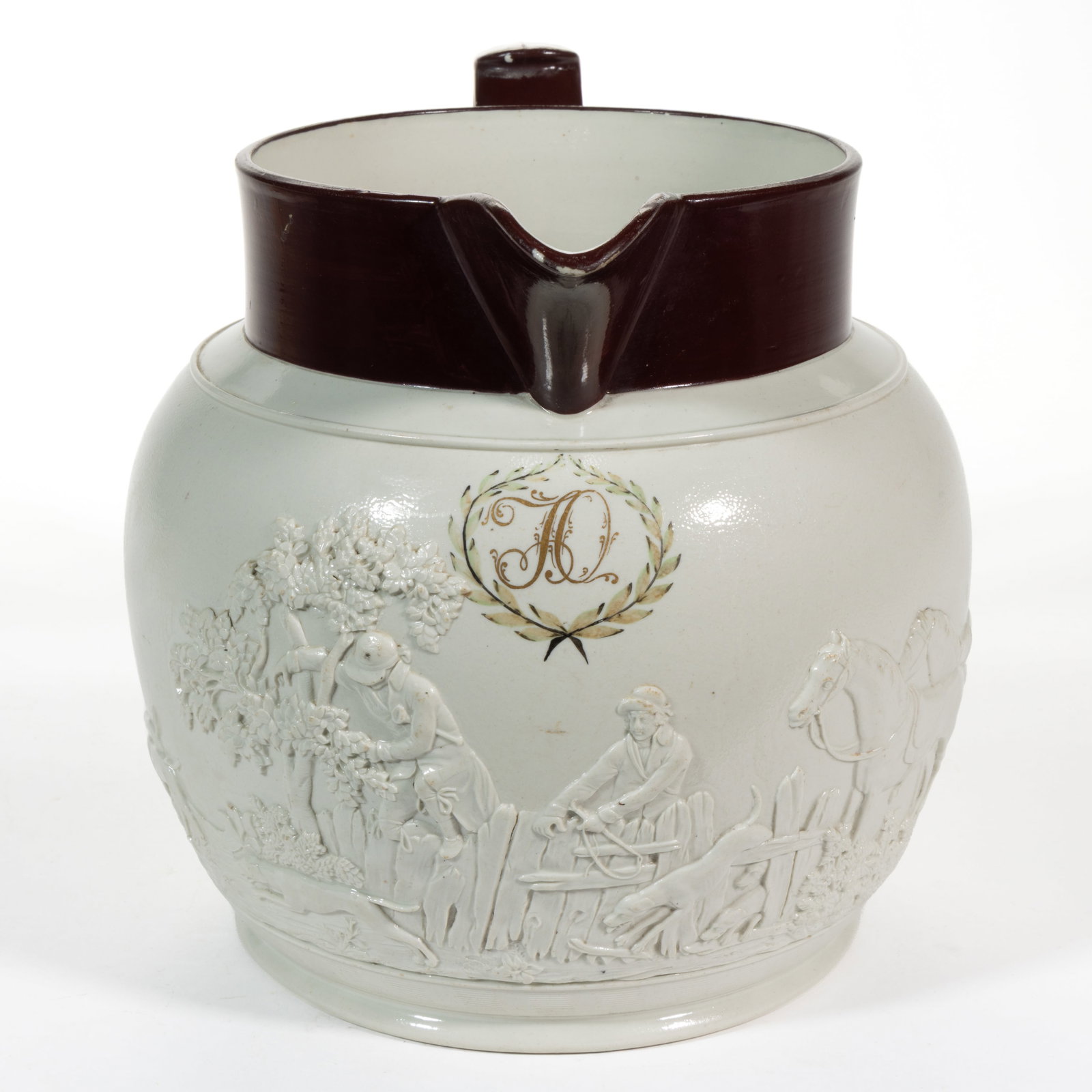 ENGLISH DAVENPORT RELIEF-MOLDED DECORATION STONEWARE LARGE JUG / PITCHER: ENGLISH DAVENPORT RELIEF-MOLDED DECORATION STONEWARE LARGE JUG / PITCHER, globular form, featuring a crisp, highly detailed scene featuring hunters with their horses and dogs including one side depict