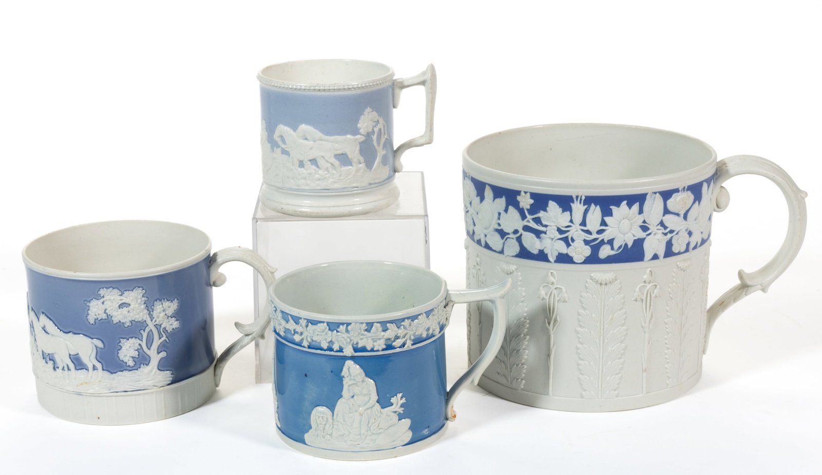 ENGLISH BLUE-BANDED SPRIG-MOLDED CERAMIC MUGS, LOT OF FOUR (1 of 3)
