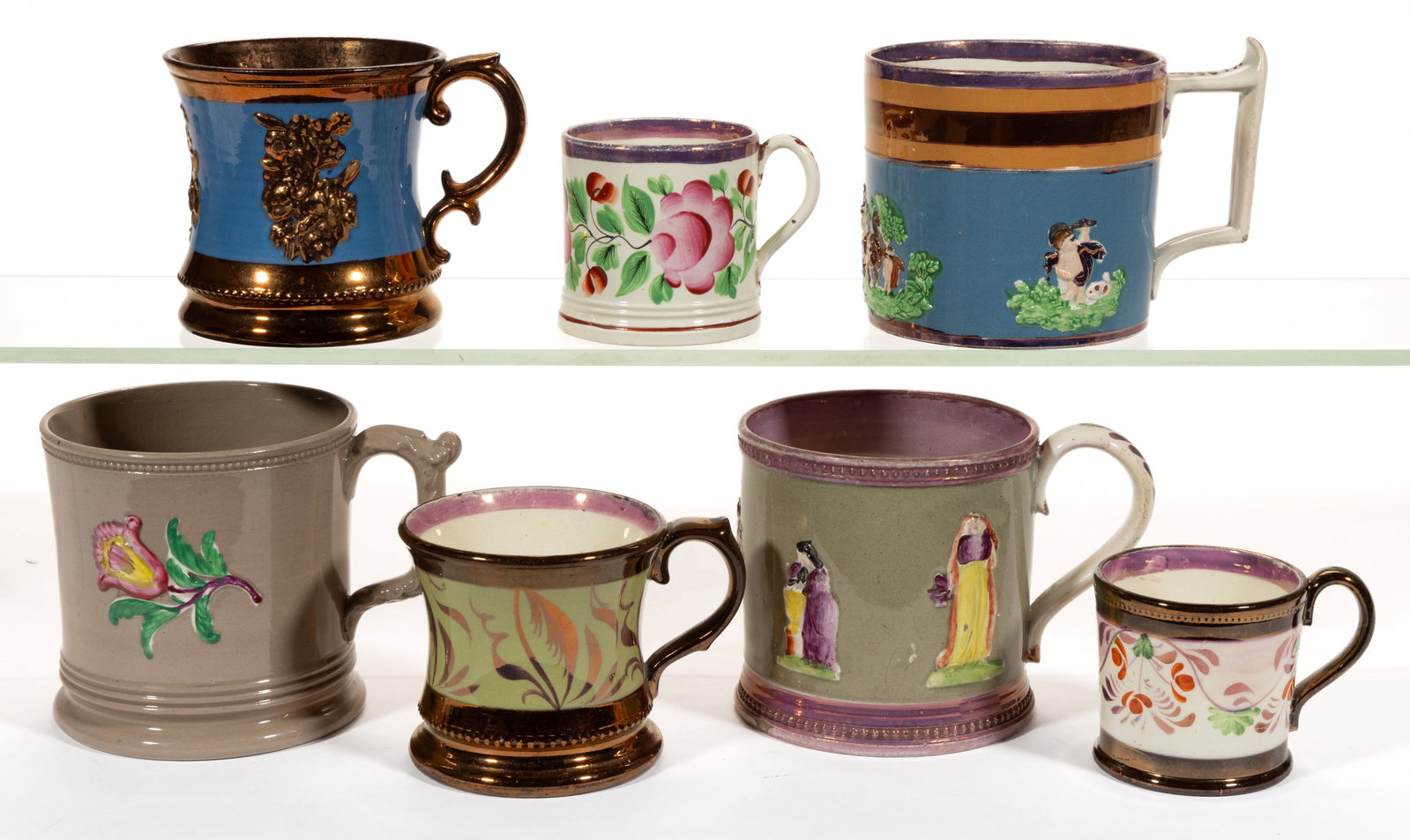 BRITISH LUSTRE-DECORATED AND OTHER CERAMIC MUGS, LOT OF SEVEN (1 of 2)