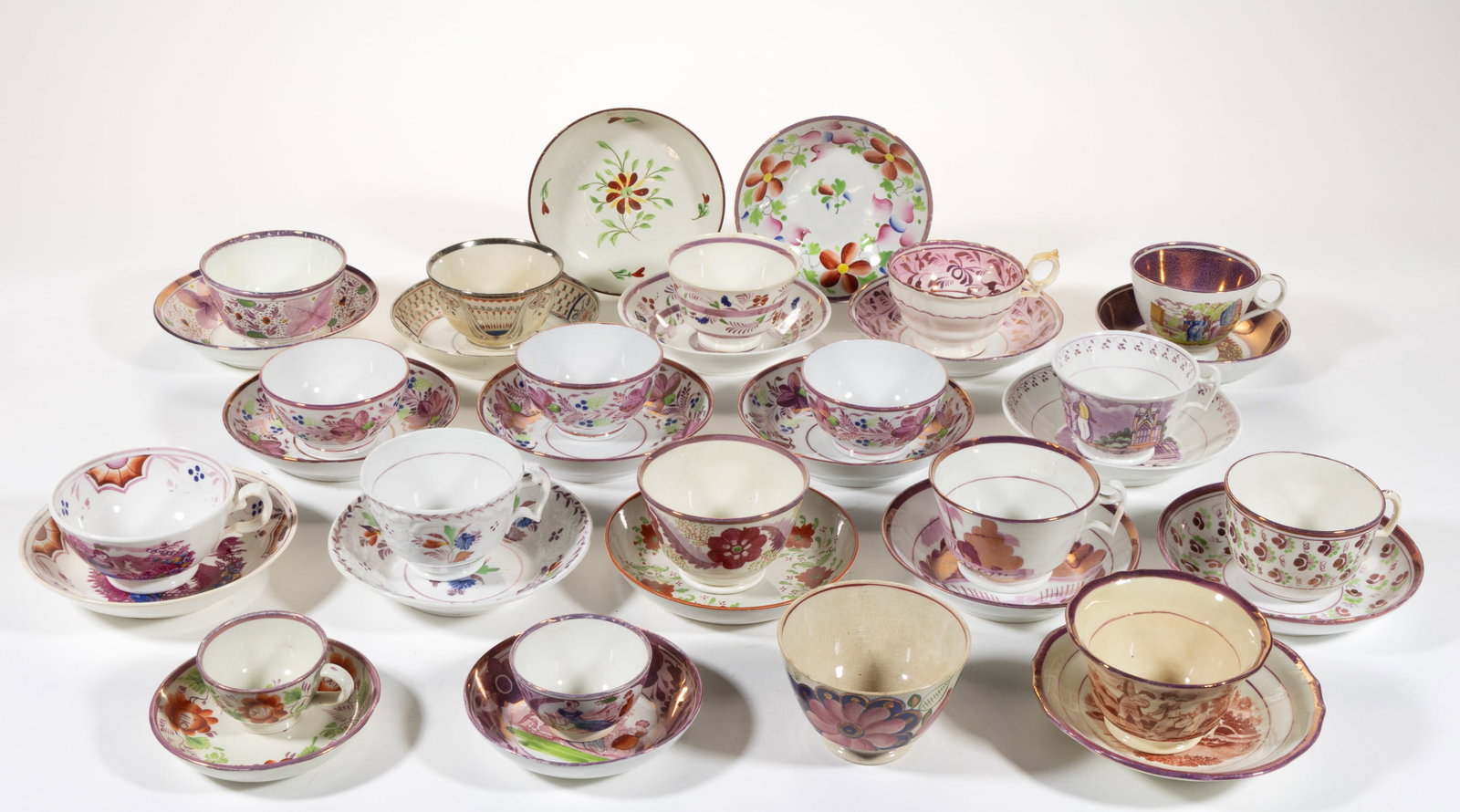 BRITISH LUSTRE-DECORATED CERAMIC CUP AND SAUCER SETS, LOT OF 16 (1 of 1)
