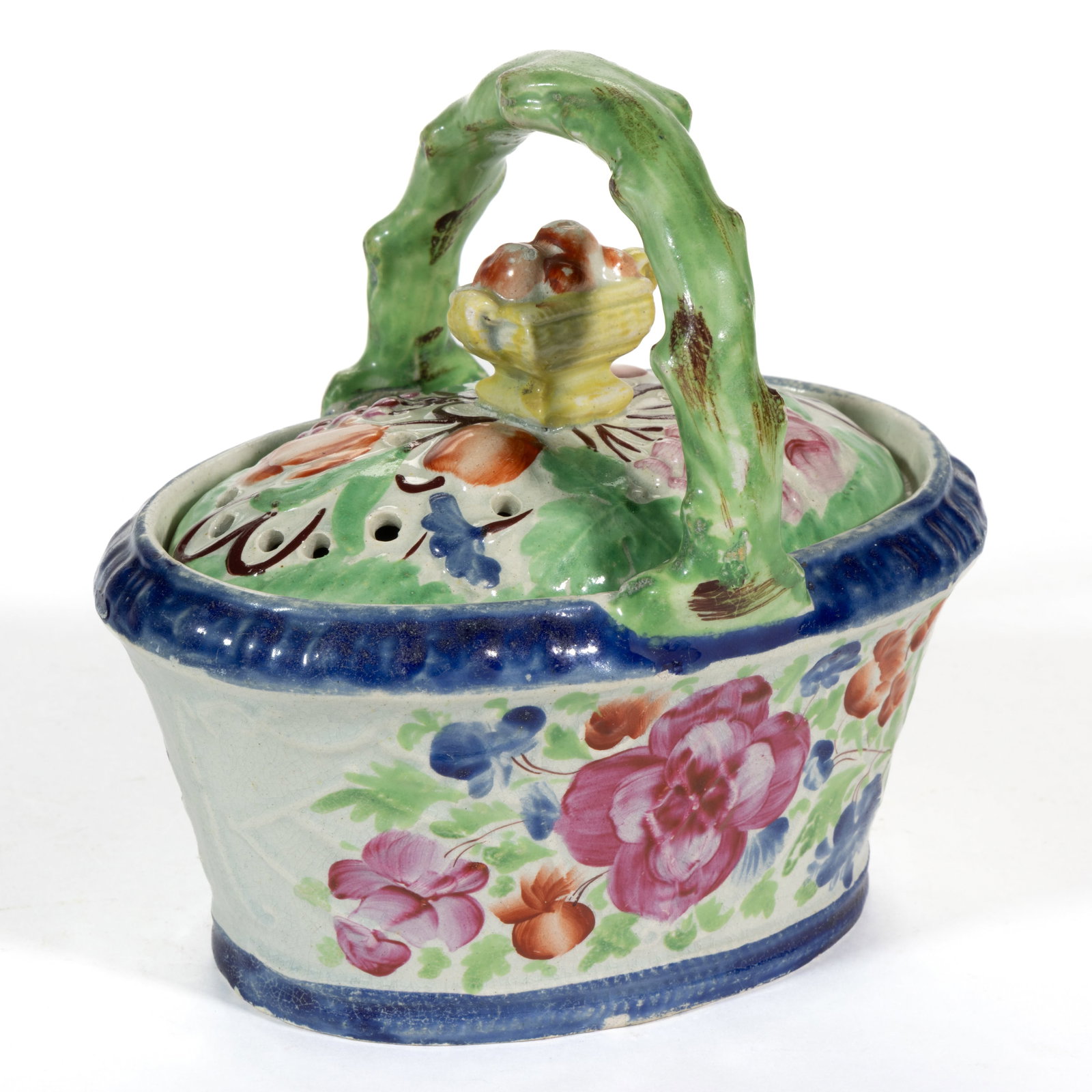 BRITISH PEARLWARE HAND-PAINTED CERAMIC POTPOURRI BASKET (1 of 4)