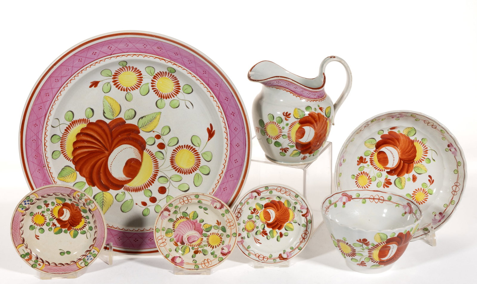 ENGLISH PEARLWARE KING'S ROSE CERAMIC ARTICLES, LOT OF SIX: ENGLISH PEARLWARE KING'S ROSE CERAMIC ARTICLES, LOT OF SIX, each featuring a large rose, additional circular yellow flowers, and foliate, comprising one 3 1/2" D cup plate with pink rose and 