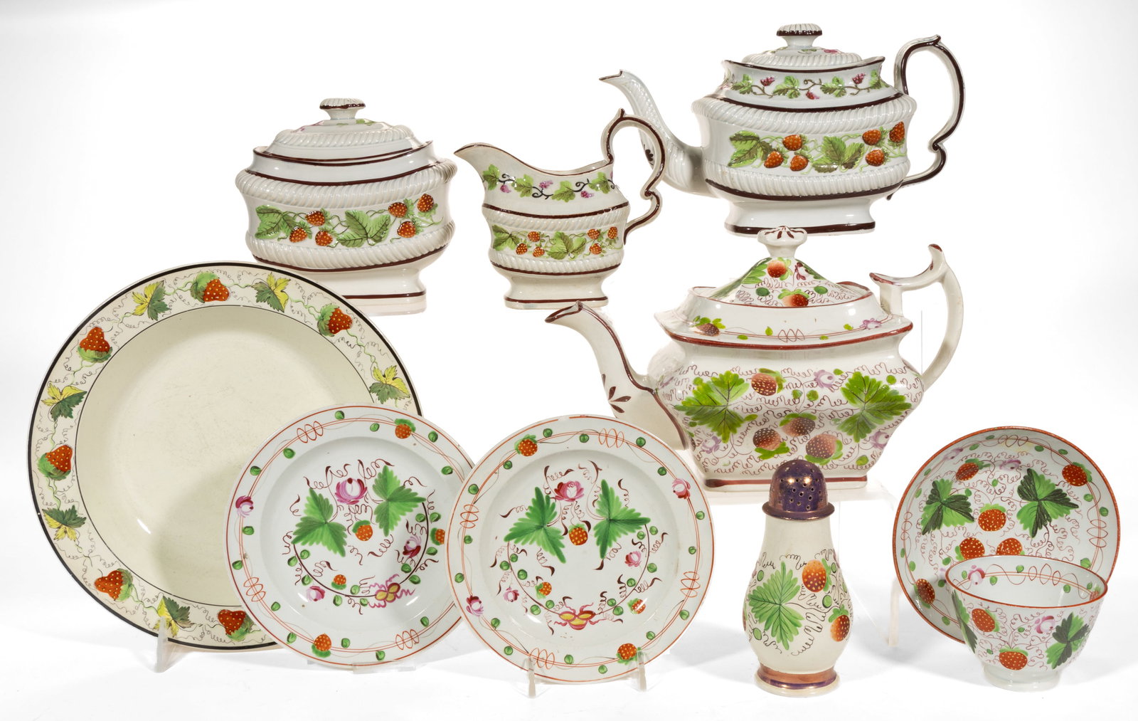 BRITISH HAND-PAINTED STRAWBERRY MOTIF CERAMIC TEA AND OTHER ARTICLES, LOT OF TEN (1 of 1)