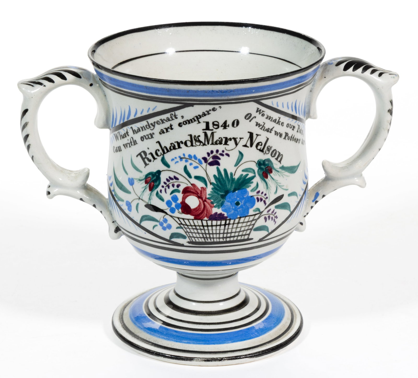 BRITISH HAND-PAINTED POTTERS PRESENTATION CERAMIC LOVING CUP: BRITISH HAND-PAINTED POTTERS PRESENTATION CERAMIC LOVING CUP, pedestal form with polychrome decorations, having poem to top "What handycraft, / Can with our art compare, / We make our Pots, / Of 