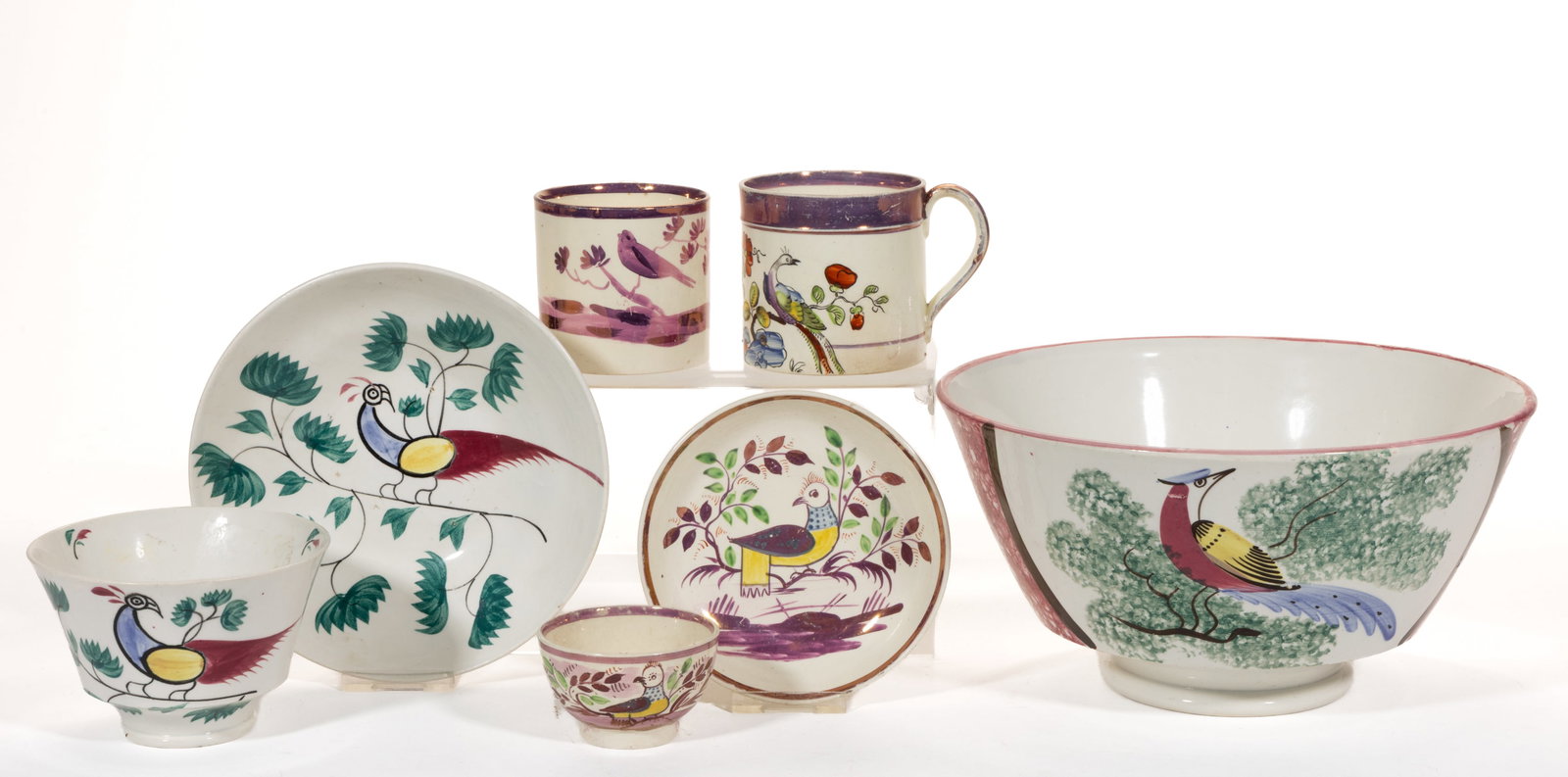 BRITISH HAND-PAINTED BIRD MOTIF CERAMIC ARTICLES, LOT OF FIVE (1 of 2)