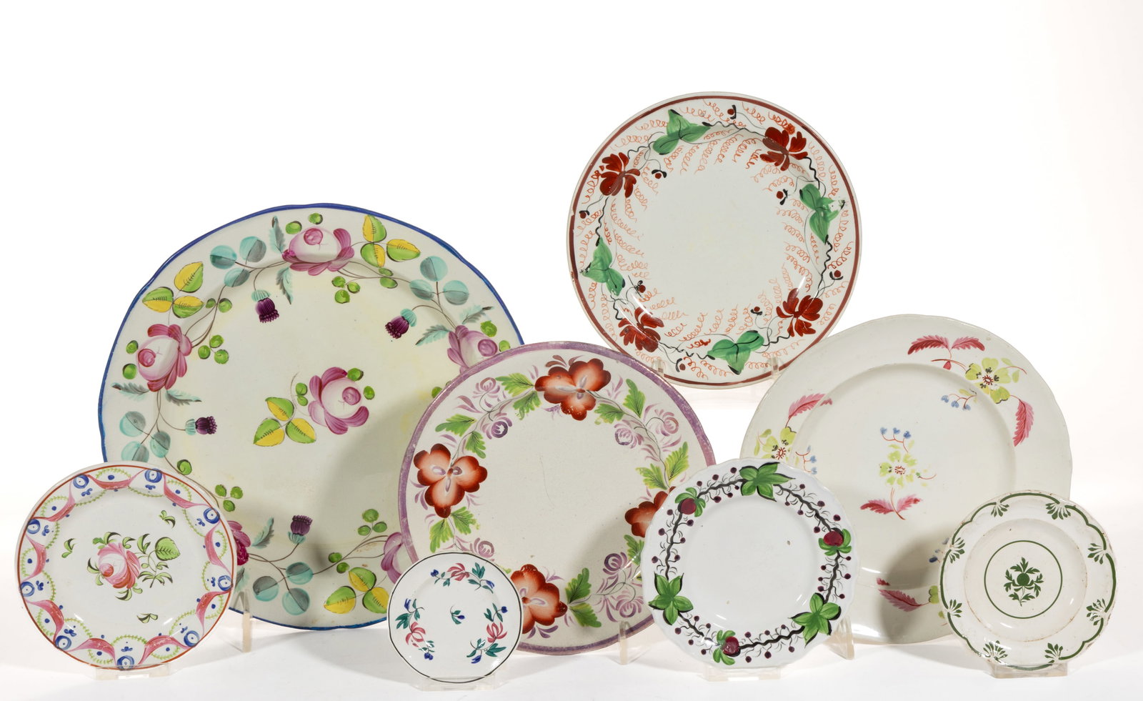BRITISH HAND-PAINTED FLORAL MOTIF CERAMIC PLATES, LOT OF EIGHT (1 of 1)
