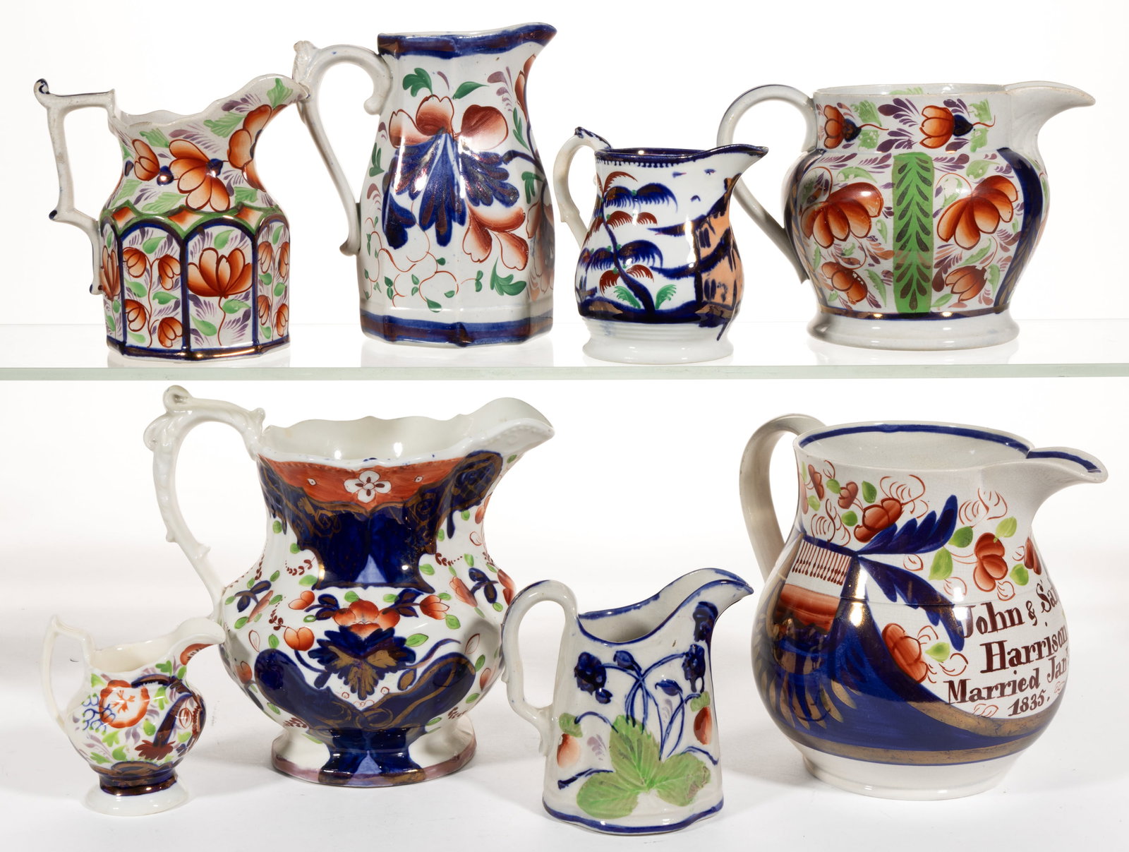 BRITISH GAUDY WELSH CERAMIC JUGS / PITCHERS, LOT OF EIGHT: BRITISH GAUDY WELSH CERAMIC JUGS / PITCHERS, LOT OF EIGHT, including a presentation example having "John & Sarah / Harrison / Married Jany 5 / 1835." below spout, a children's t