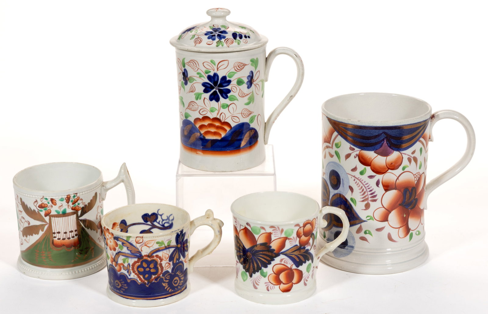BRITISH GAUDY WELSH FLORAL MOTIF CERAMIC MUGS AND OTHER DRINKING ARTICLES, LOT OF FIVE (1 of 3)