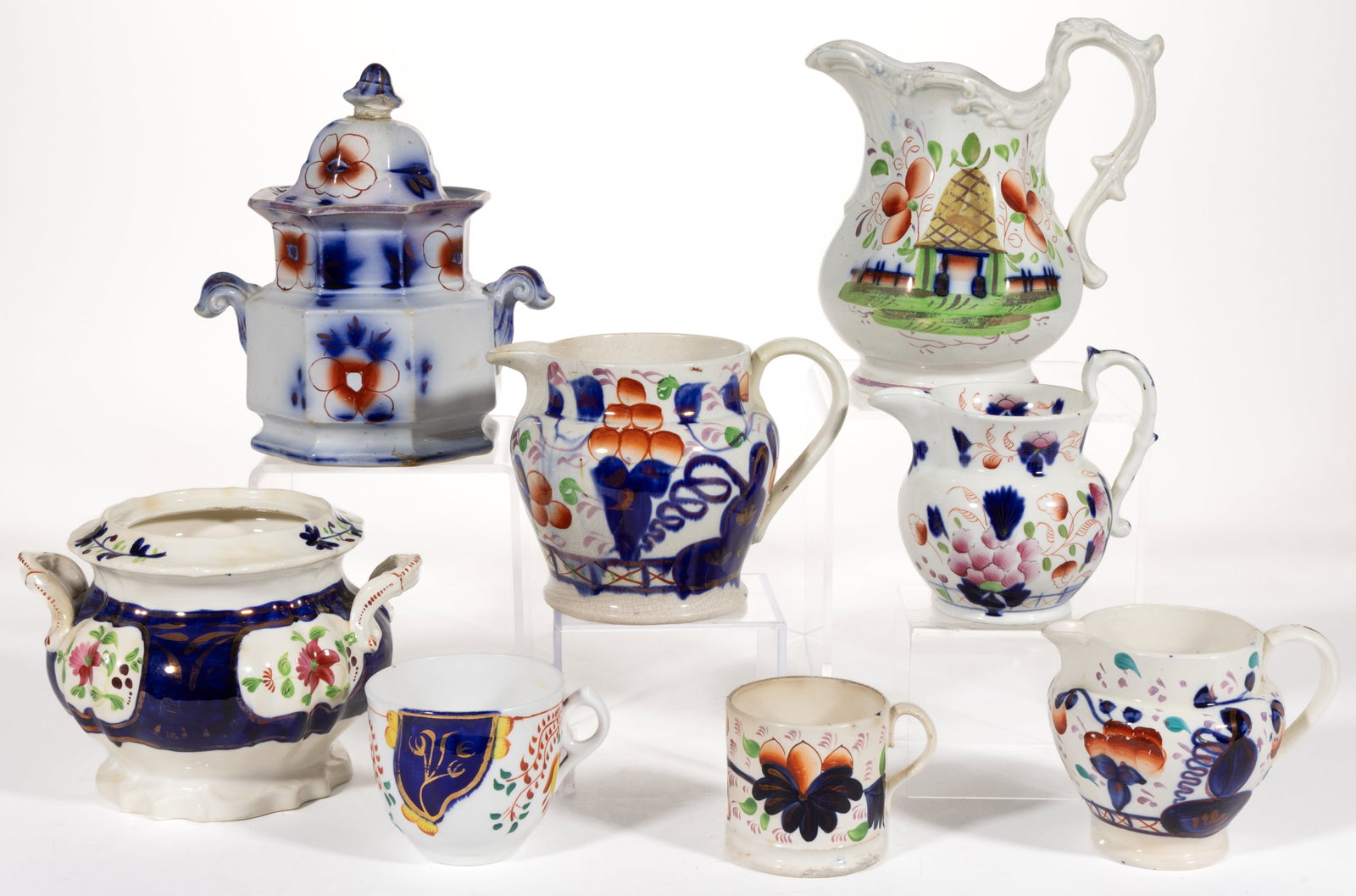 BRITISH GAUDY WELSH CERAMIC ARTICLES, LOT OF EIGHT: BRITISH GAUDY WELSH CERAMIC ARTICLES, LOT OF EIGHT, including a jug having beehive-like motif, a sugar lacking a cover having Columbine pattern, a children's mug having Grape pattern, an octagonal
