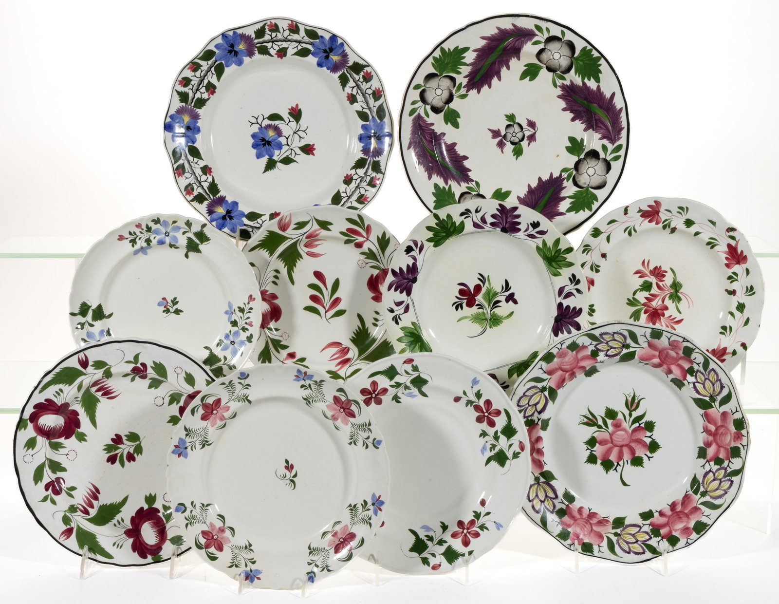 BRITISH HAND-PAINTED FLORAL MOTIF CERAMIC PLATES, LOT OF TEN (1 of 1)