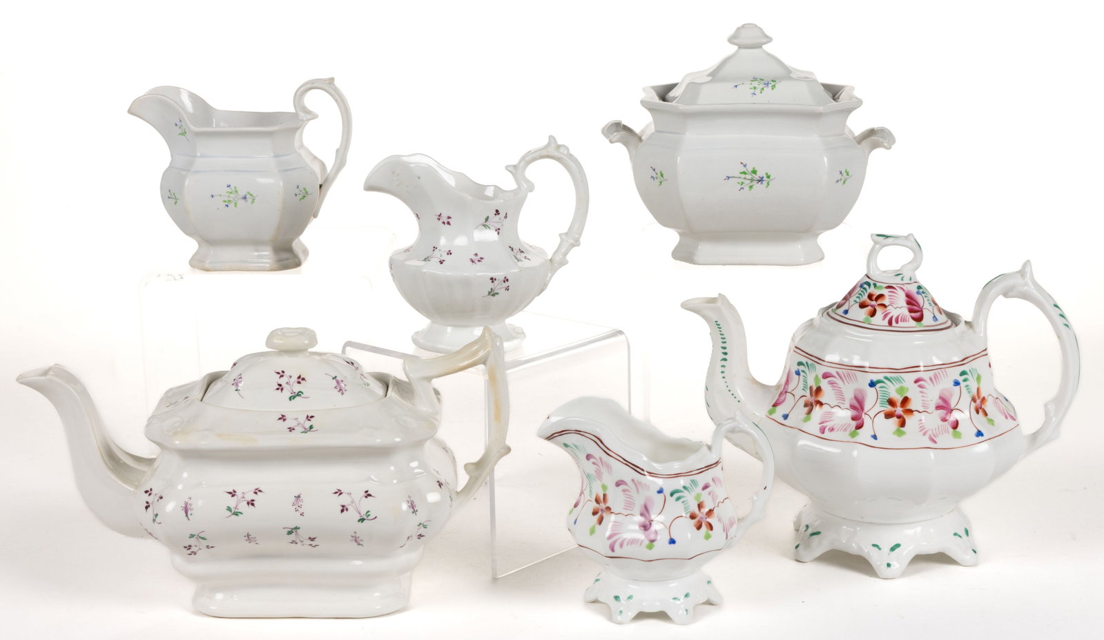 ENGLISH HAND-PAINTED PORCELAIN FLORAL MOTIF TEA ARTICLES, LOT OF SIX (1 of 1)