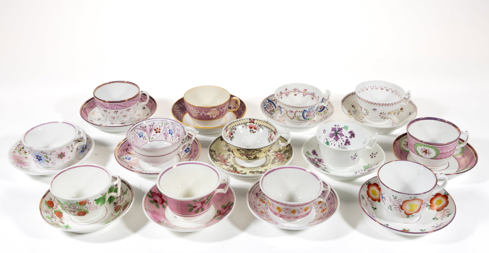 BRITISH PINK LUSTRE-DECORATED AND OTHER CERAMIC CUP AND SAUCER SETS, LOT OF 13 (1 of 1)