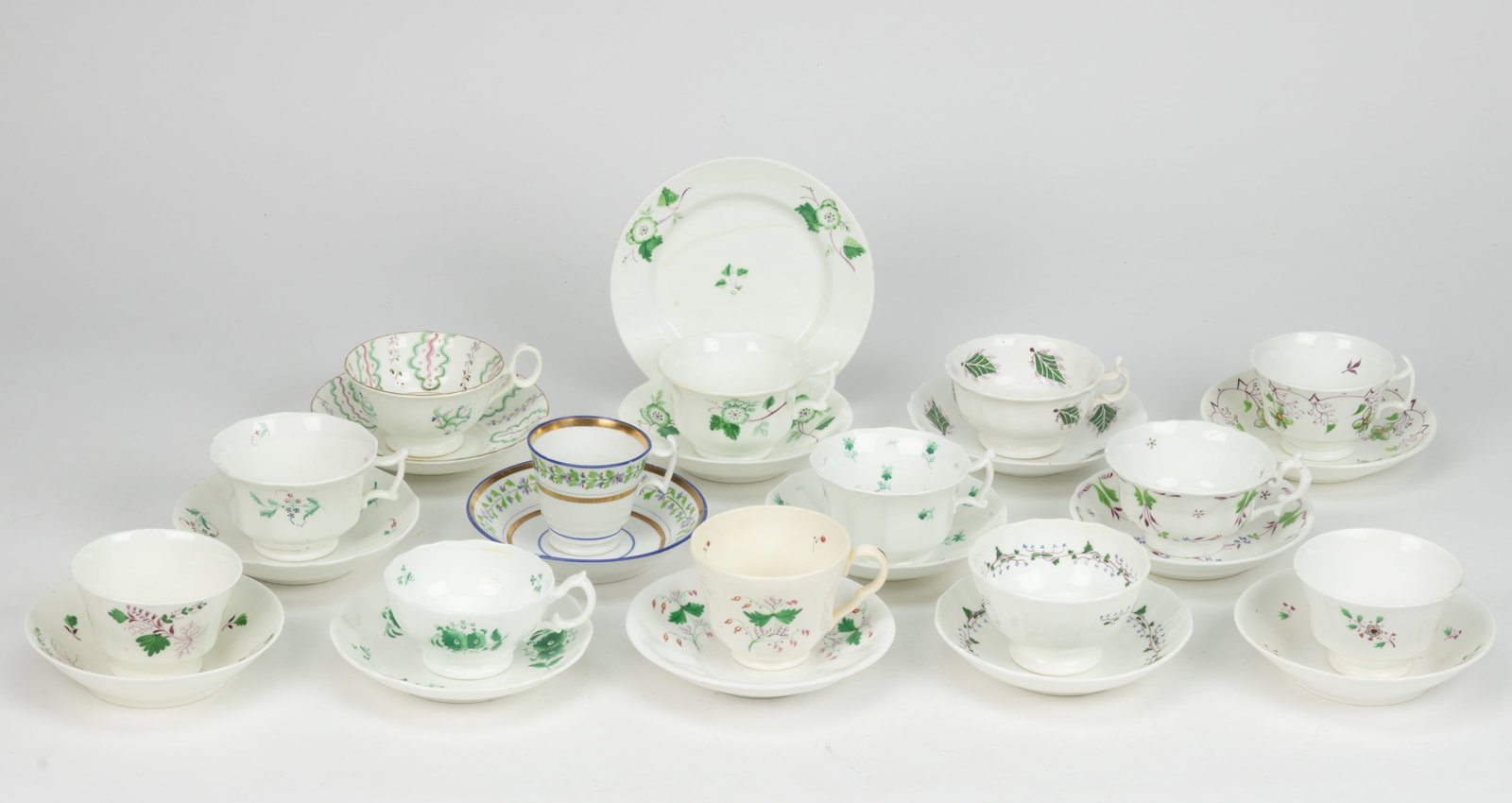 BRITISH HAND-PAINTED CERAMIC FLORAL MOTIF CUP AND SAUCER SETS, LOT OF 13 (1 of 1)