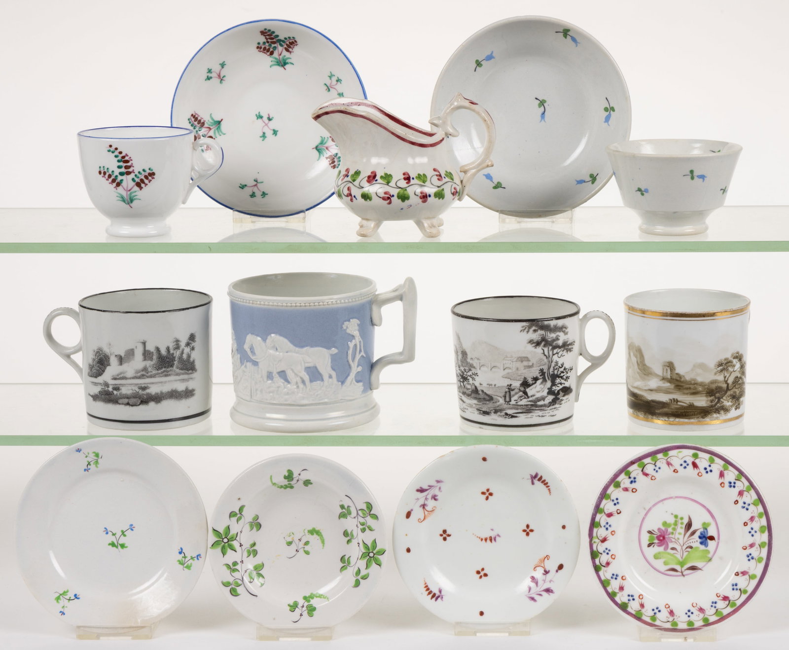 BRITISH CERAMIC CHILDREN'S TOY ARTICLES, LOT OF TEN: BRITISH CERAMIC CHILDREN'S TOY ARTICLES, LOT OF TEN, comprising three mugs including two having black transfer British/European views and one having sepia hand-painted landscape scene, and&nb