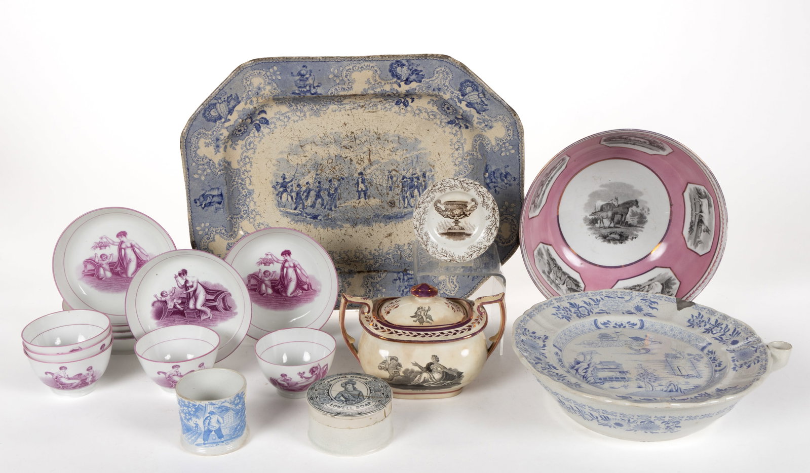 BRITISH TRANSFER-PRINTED CERAMIC ARTICLES, LOT OF 18: BRITISH TRANSFER-PRINTED CERAMIC ARTICLES, LOT OF 18, including a covered jar having black transfer image of young Scottish gentleman with "SAMUEL HORN'S / LOWELL SOAP.", a 3 3/4&qu