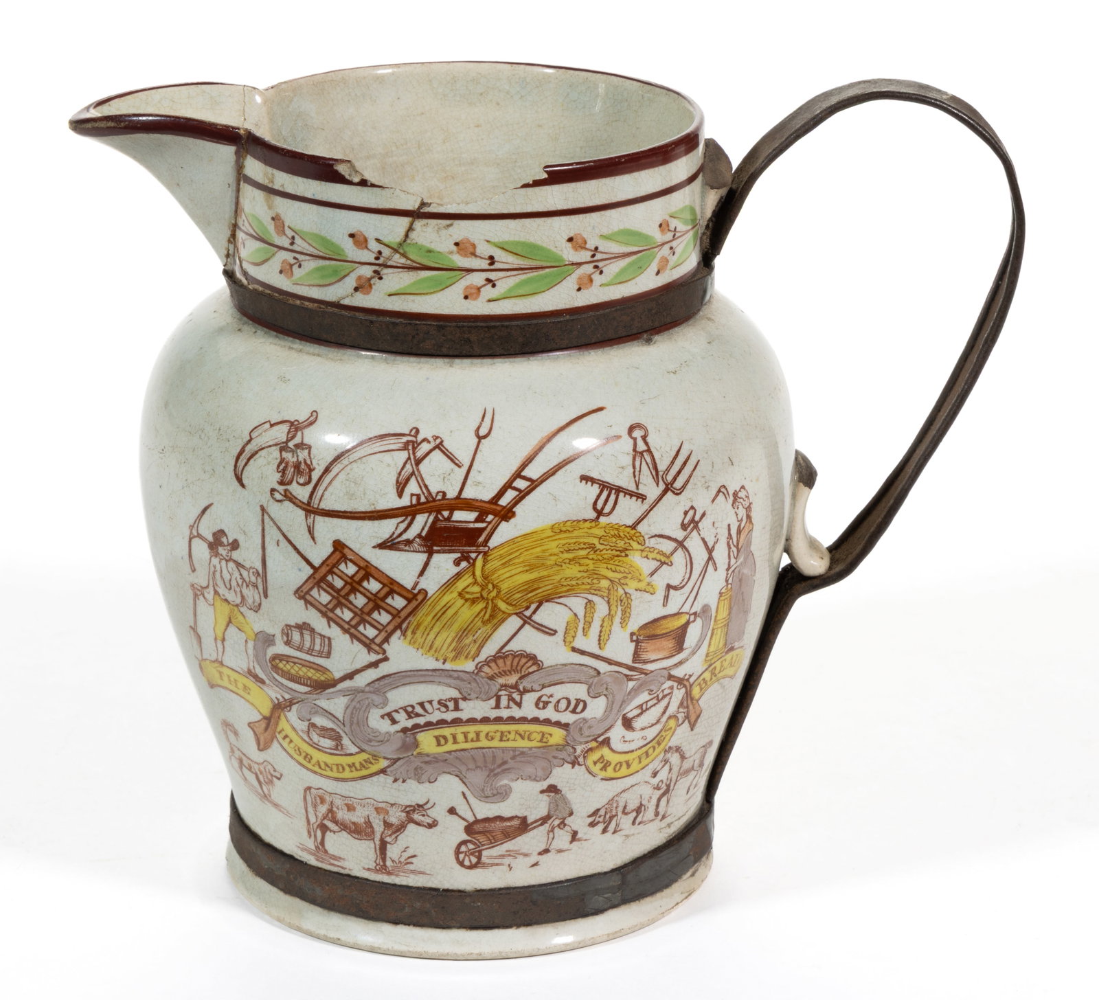 ENGLISH STAFFORDSHIRE TRANSFER-PRINTED FARMER'S ARMS MOTIF CERAMIC JUG / PITCHER WITH "MAKE-DO" (1 of 5)
