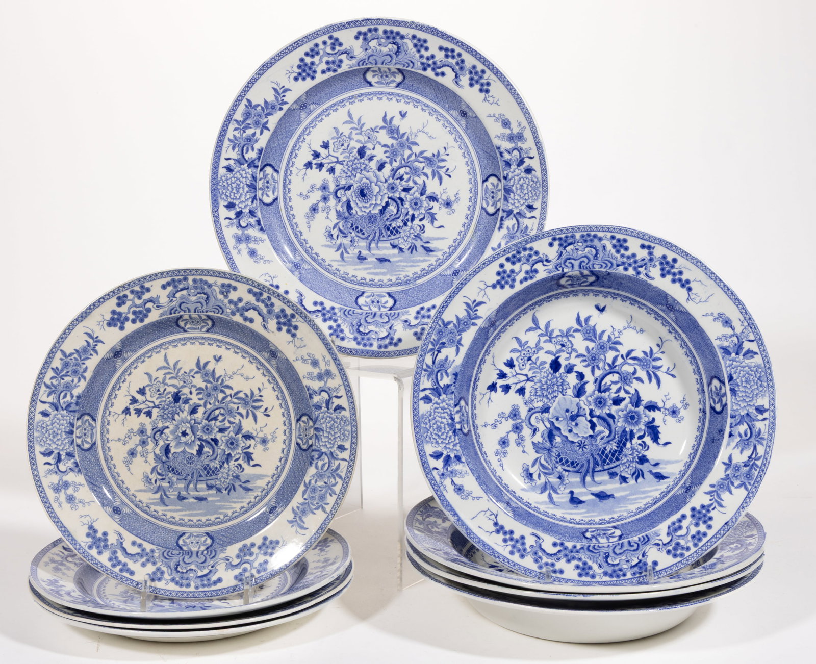 STAFFORDSHIRE BLUE TRANSFER-PRINTED FLORAL MOTIF CERAMIC PLATES, LOT OF NINE (1 of 2)