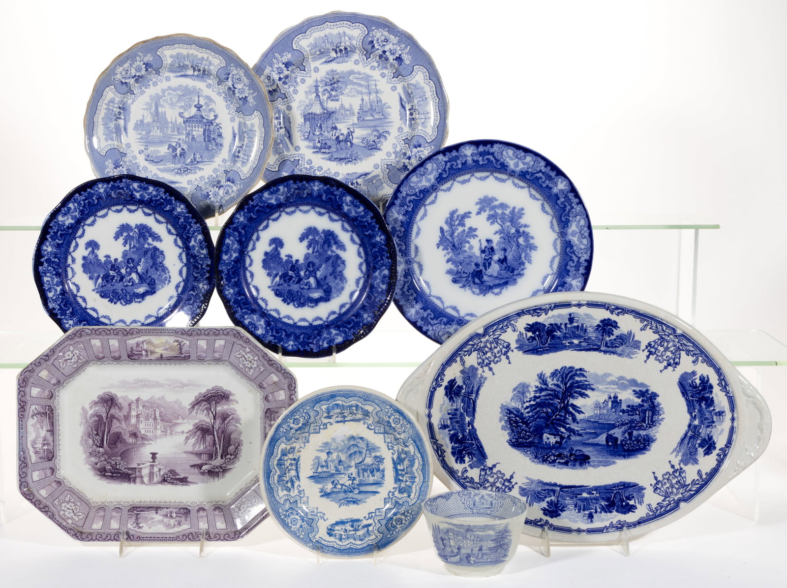 ENGLISH STAFFORDSHIRE TRANSFER-PRINTED CERAMIC TABLE ARTICLES, LOT OF NINE: ENGLISH STAFFORDSHIRE TRANSFER-PRINTED CERAMIC TABLE ARTICLES, LOT OF NINE, comprising an octagonal 13 1/8" x 10 1/8" mulberry/purple transfer platter featuring "SHANNON" romantic 