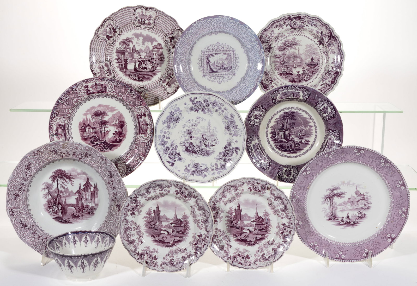 ENGLISH STAFFORDSHIRE TRANSFER-PRINTED CERAMIC PLATES AND OTHER ARTICLES, LOT OF 11: ENGLISH STAFFORDSHIRE TRANSFER-PRINTED CERAMIC PLATES AND OTHER ARTICLES, LOT OF 11, each having mulberry/purple transfer scenes, comprising one 5 5/8" D bowl having "ORIENTAL / VILLA&q