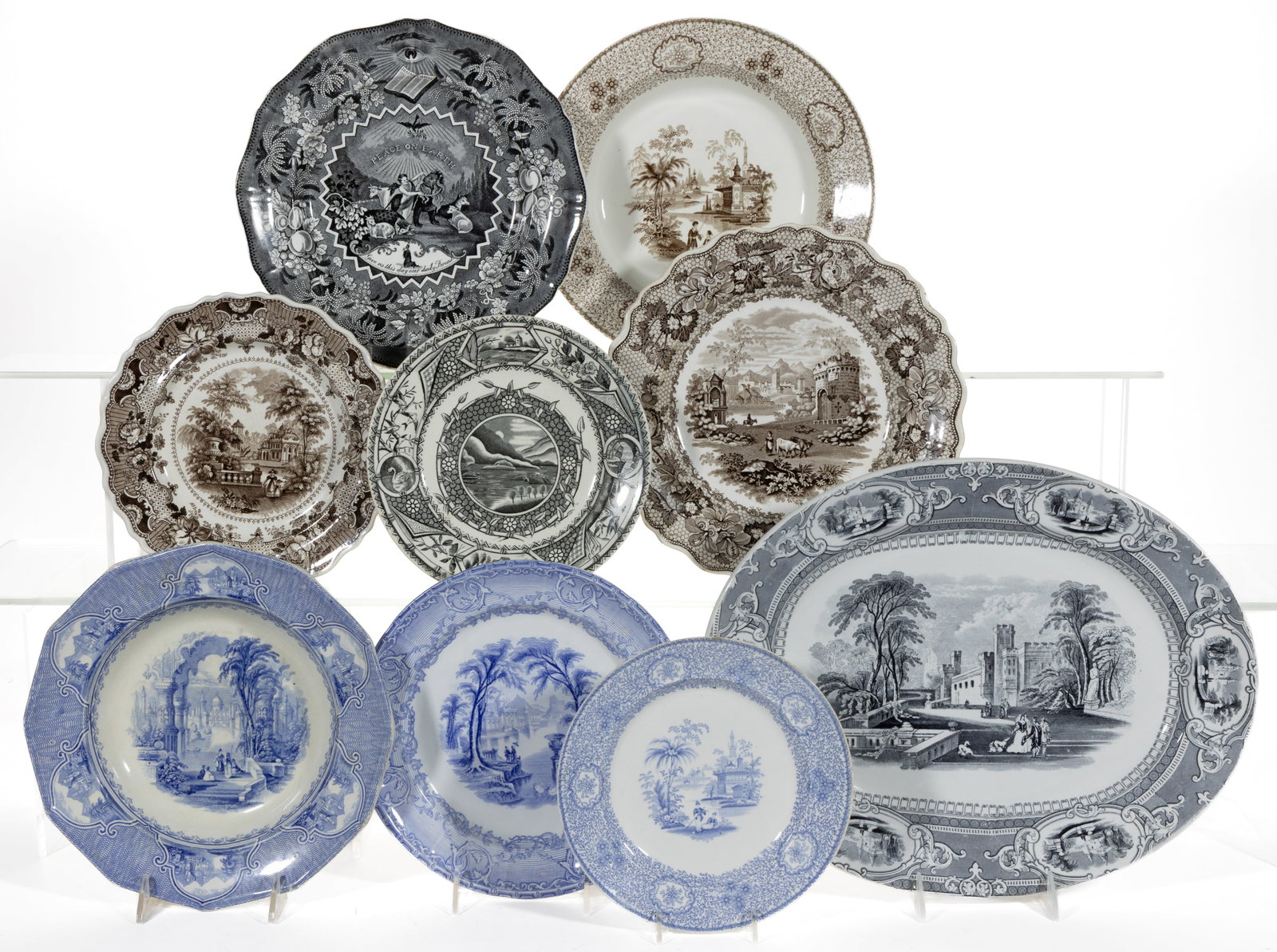 ENGLISH STAFFORDSHIRE TRANSFER-PRINTED CERAMIC PLATES AND OTHER ARTICLES, LOT OF NINE (1 of 1)