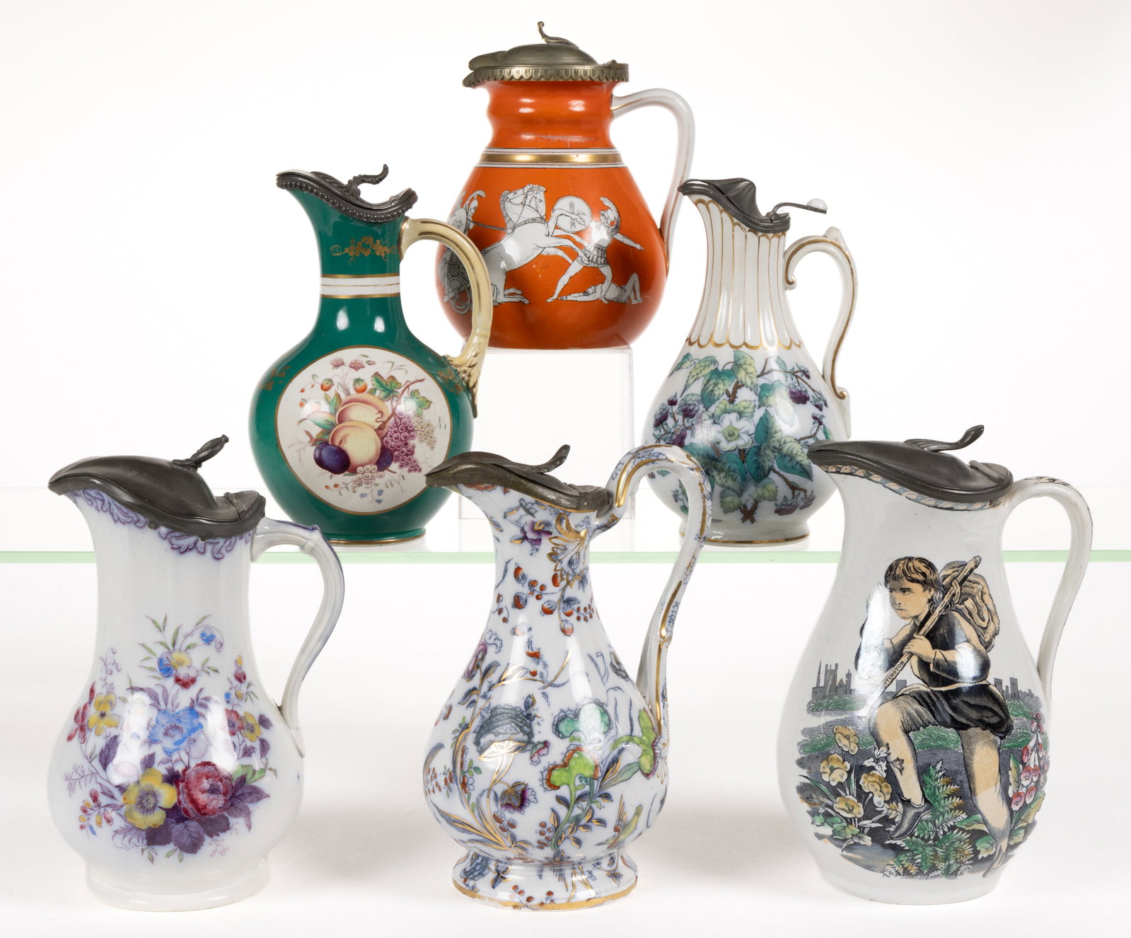 BRITISH TRANSFER-PRINTED IRONSTONE SYRUP JUGS / PITCHERS, LOT OF SIX (1 of 1)