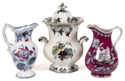 ENGLISH STAFFORDSHIRE TRANSFER-PRINTED IRONSTONE CHAMBER ARTICLES, LOT OF THREE
