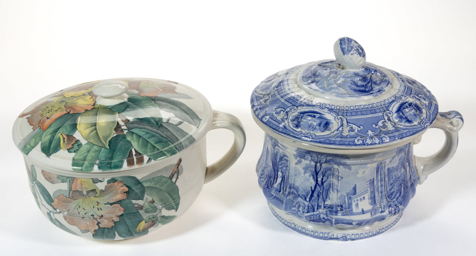 ENGLISH TRANSFER-PRINTED CERAMIC COVERED CHAMBER POTS, LOT OF TWO: ENGLISH TRANSFER-PRINTED CERAMIC COVERED CHAMBER POTS, LOT OF TWO, comprising a blue transfer example featuring romantic "CORINTHIA" pattern, as printed to underside and having a figural gou