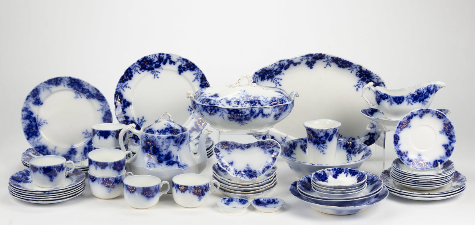ENGLISH STAFFORDSHIRE FLOW BLUE "PEACH" CERAMIC TEA AND TABLE ARTICLES, LOT OF 58 (1 of 1)