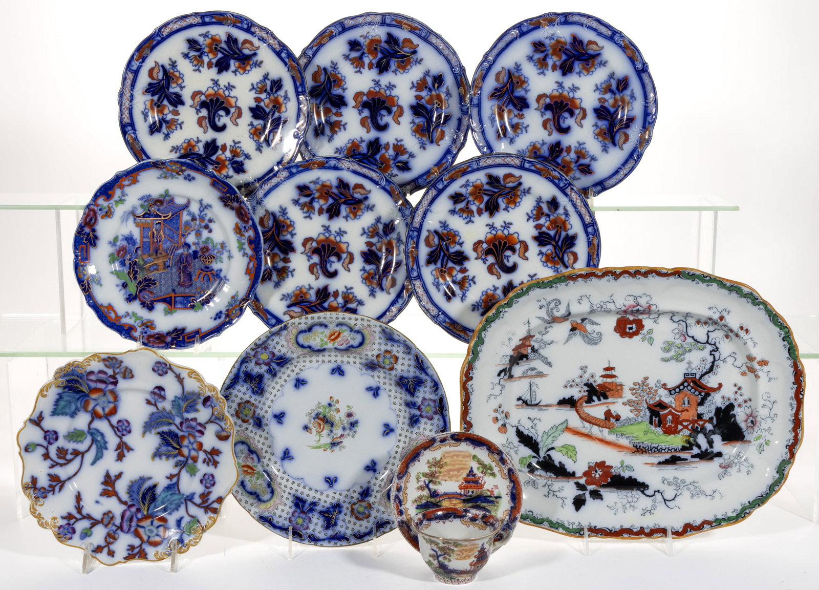 BRITISH GAUDY FLOW BLUE CERAMIC TEA AND TABLE ARTICLES, LOT OF TEN (1 of 1)