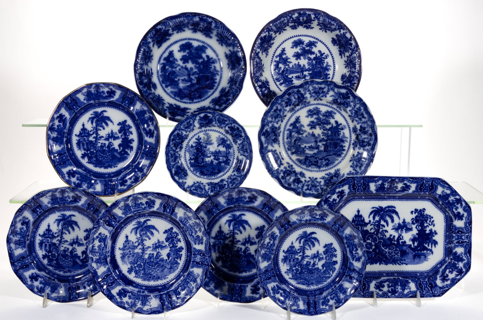 ENGLISH FLOW BLUE CERAMIC CHINOISERIE MOTIF TABLE ARTICLES, LOT OF TEN (1 of 1)