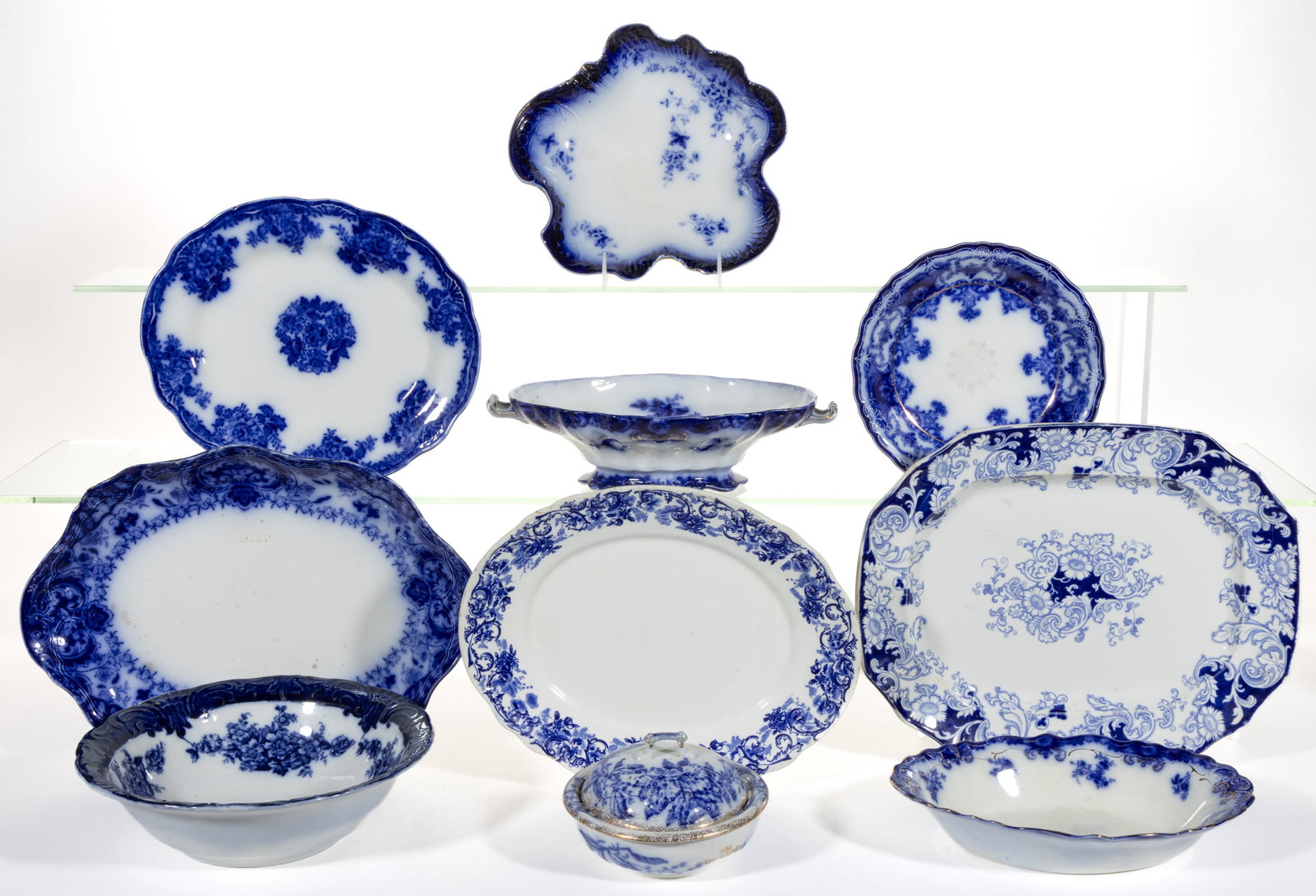 AMERICAN AND ENGLISH FLOW BLUE CERAMIC FLORAL MOTIF TABLE AND OTHER ARTICLES, LOT OF TEN (1 of 1)