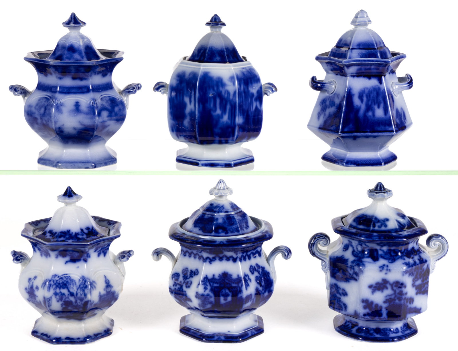 ENGLISH STAFFORDSHIRE FLOW BLUE CHINOISERIE MOTIF IRONSTONE COVERED SUGAR BOWLS, LOT OF SIX (1 of 1)
