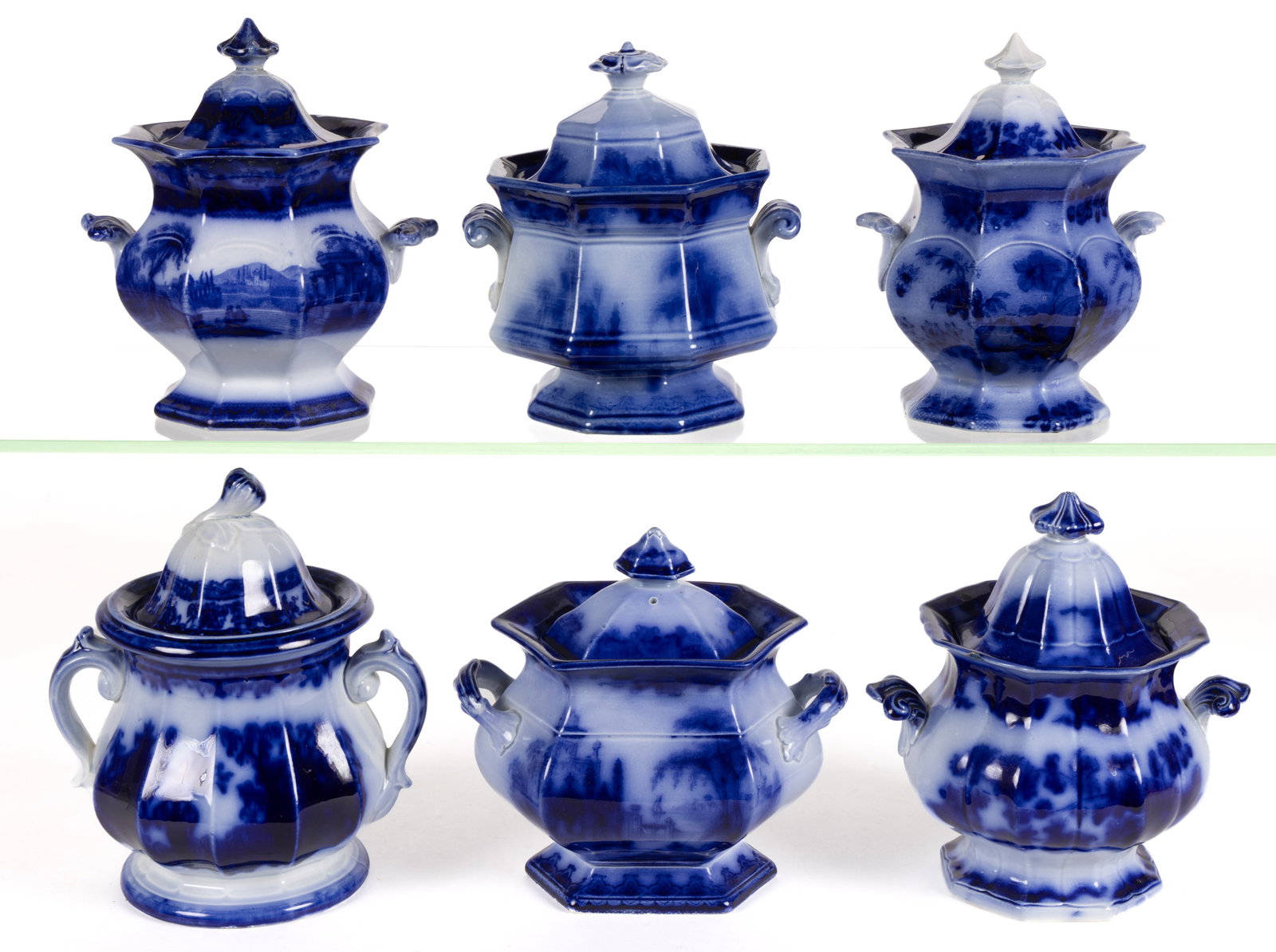 ENGLISH STAFFORDSHIRE FLOW BLUE SCENIC AND OTHER MOTIFS IRONSTONE COVERED SUGAR BOWLS, LOT OF SIX (1 of 1)