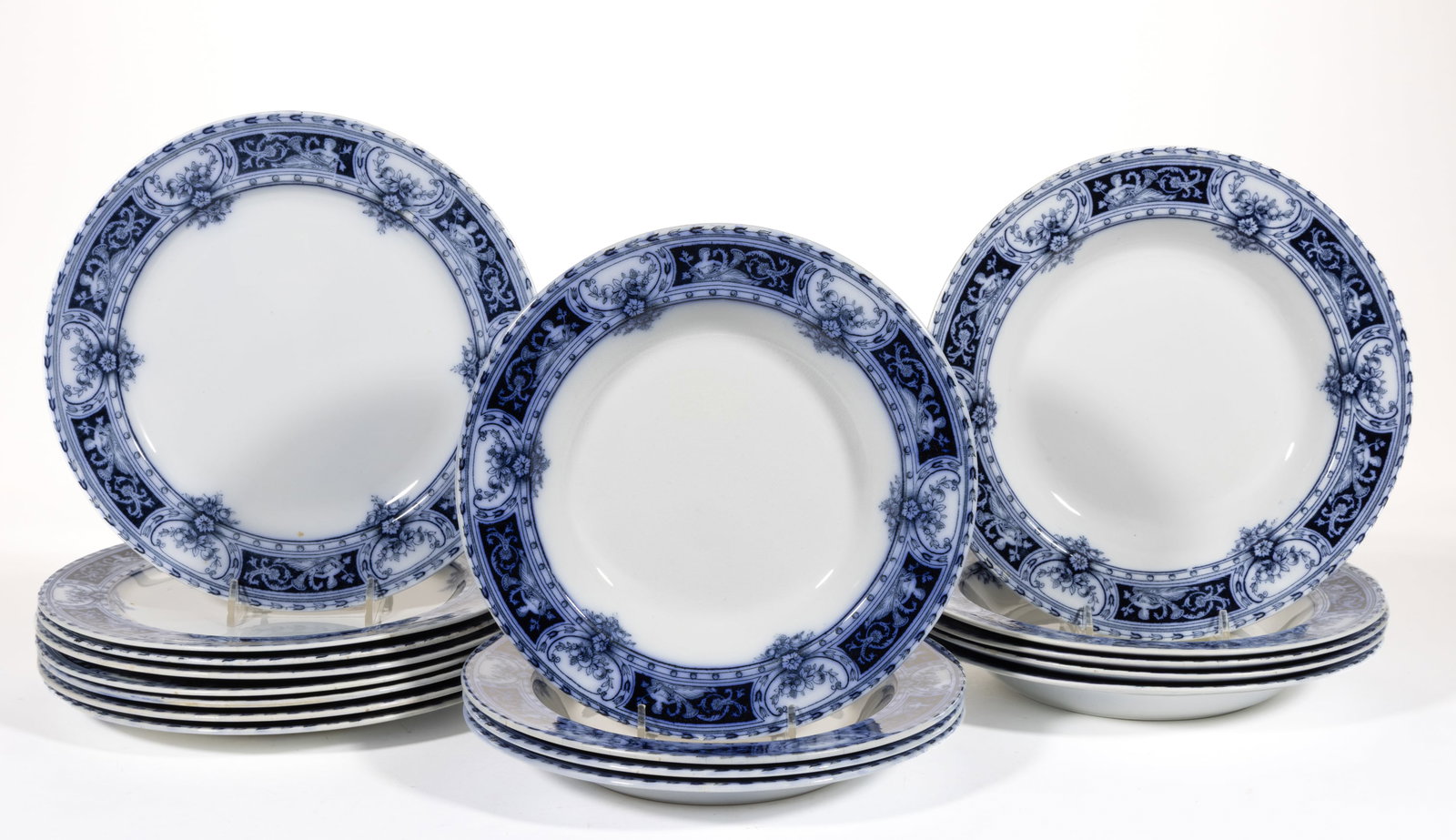 ENGLISH STAFFORDSHIRE FLOW BLUE "CORINTH" CERAMIC PLATES, LOT OF 17 (1 of 2)
