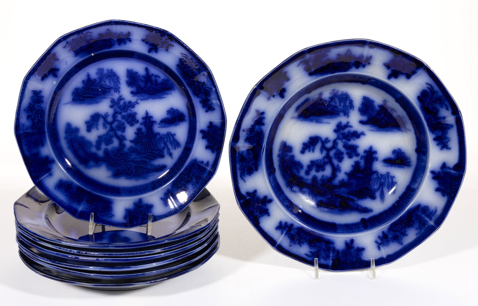 ENGLISH FLOW BLUE "CHAPOO" IRONSTONE PLATES, LOT OF EIGHT (1 of 1)