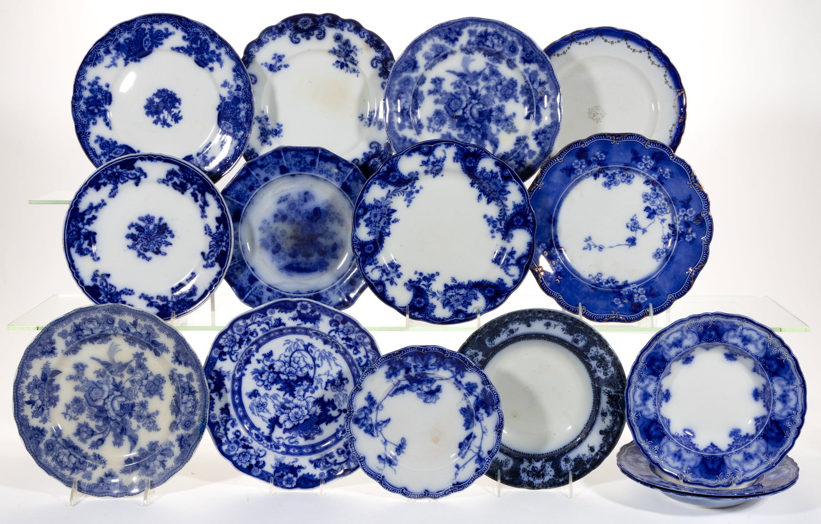 ENGLISH AND OTHER FLOW BLUE CERAMIC FLORAL MOTIF PLATES, LOT OF 15 (1 of 1)