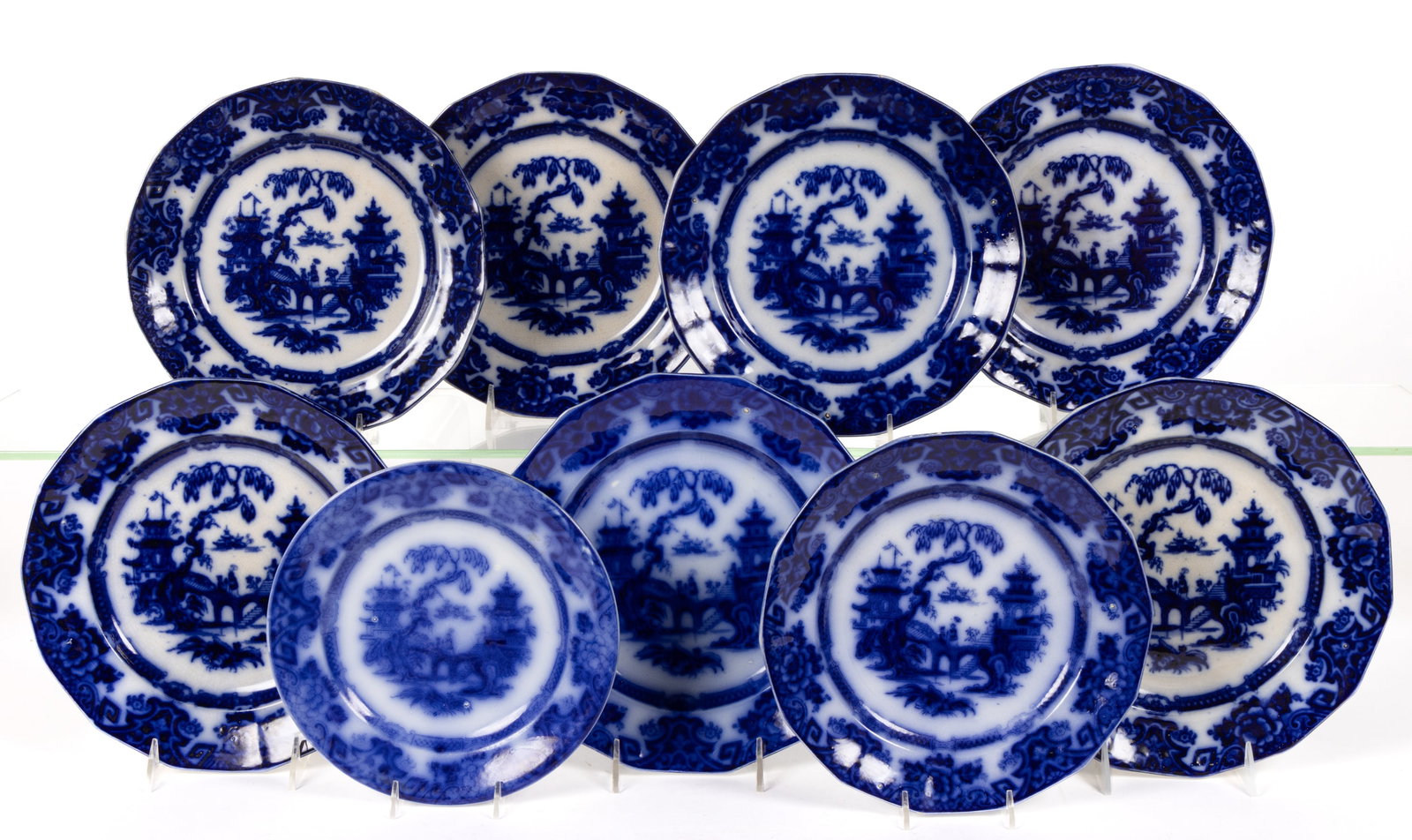 ENGLISH STAFFORDSHIRE FLOW BLUE "KIN-SHAN" IRONSTONE PLATES, LOT OF NINE (1 of 1)