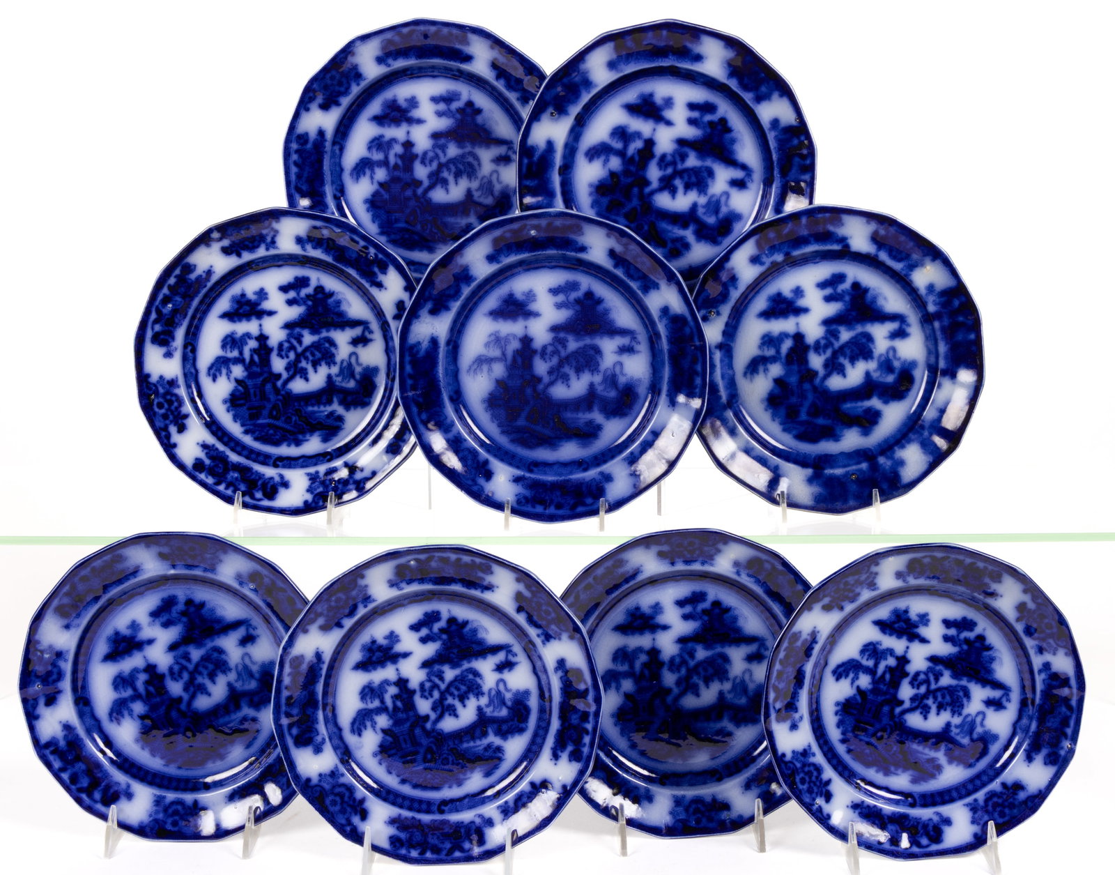 ENGLISH STAFFORDSHIRE FLOW BLUE "PELEW" IRONSTONE PLATES, LOT OF NINE (1 of 1)