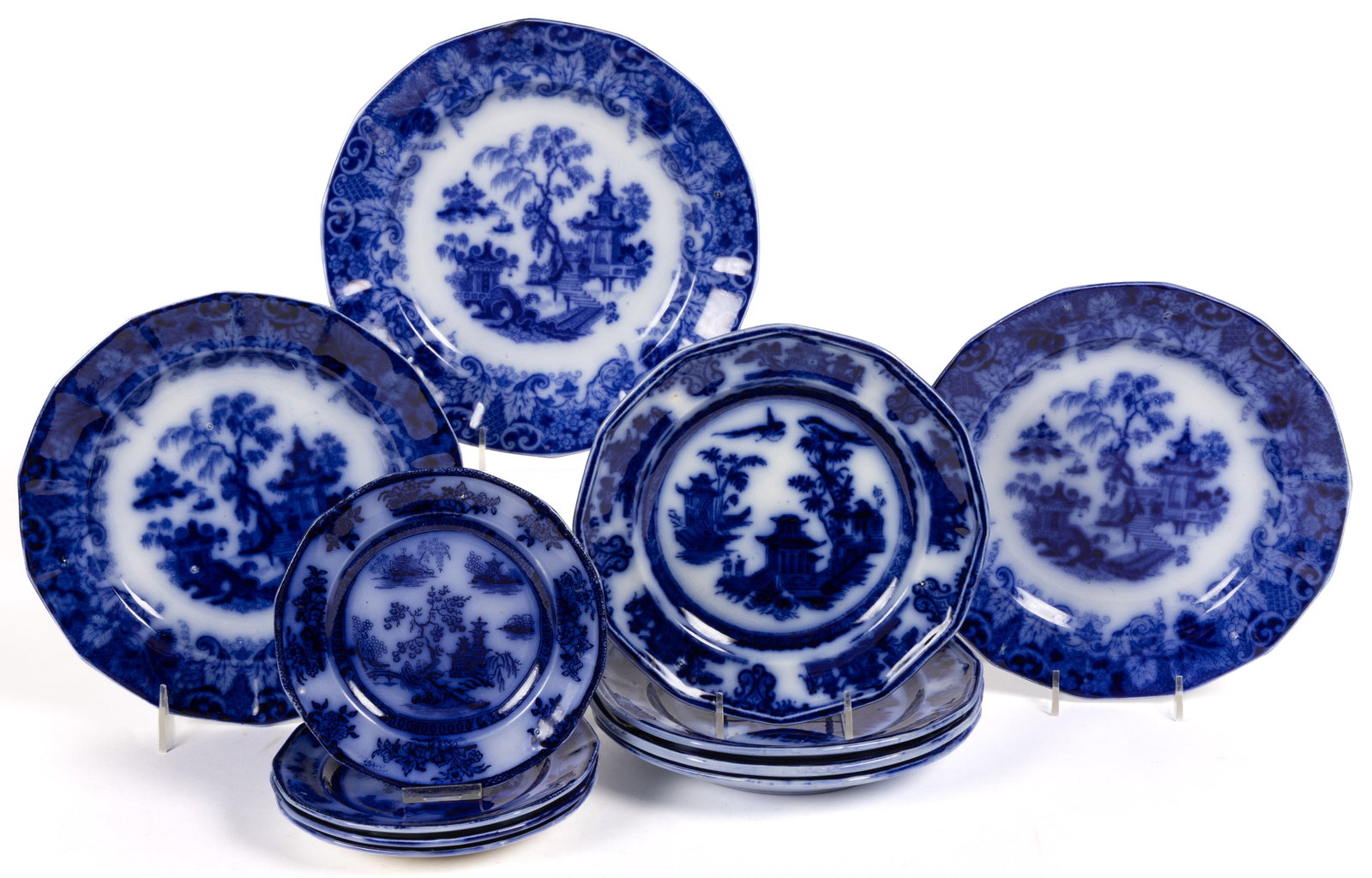 ENGLISH STAFFORDSHIRE FLOW BLUE CHINOISERIE MOTIF IRONSTONE PLATES, LOT OF 11 (1 of 1)