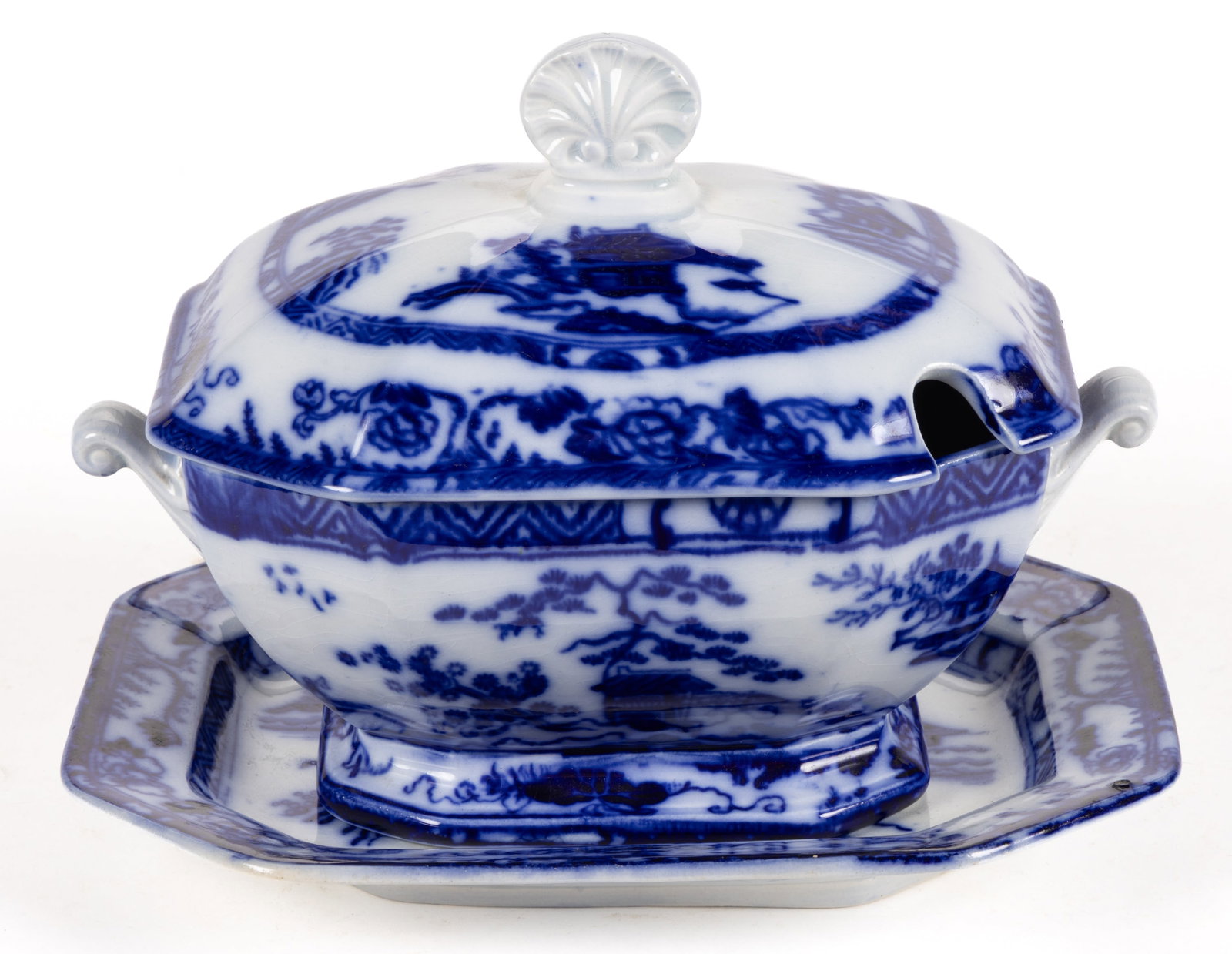 ENGLISH STAFFORDSHIRE FLOW BLUE "HONG KONG" IRONSTONE SAUCE TUREEN AND STAND (1 of 2)