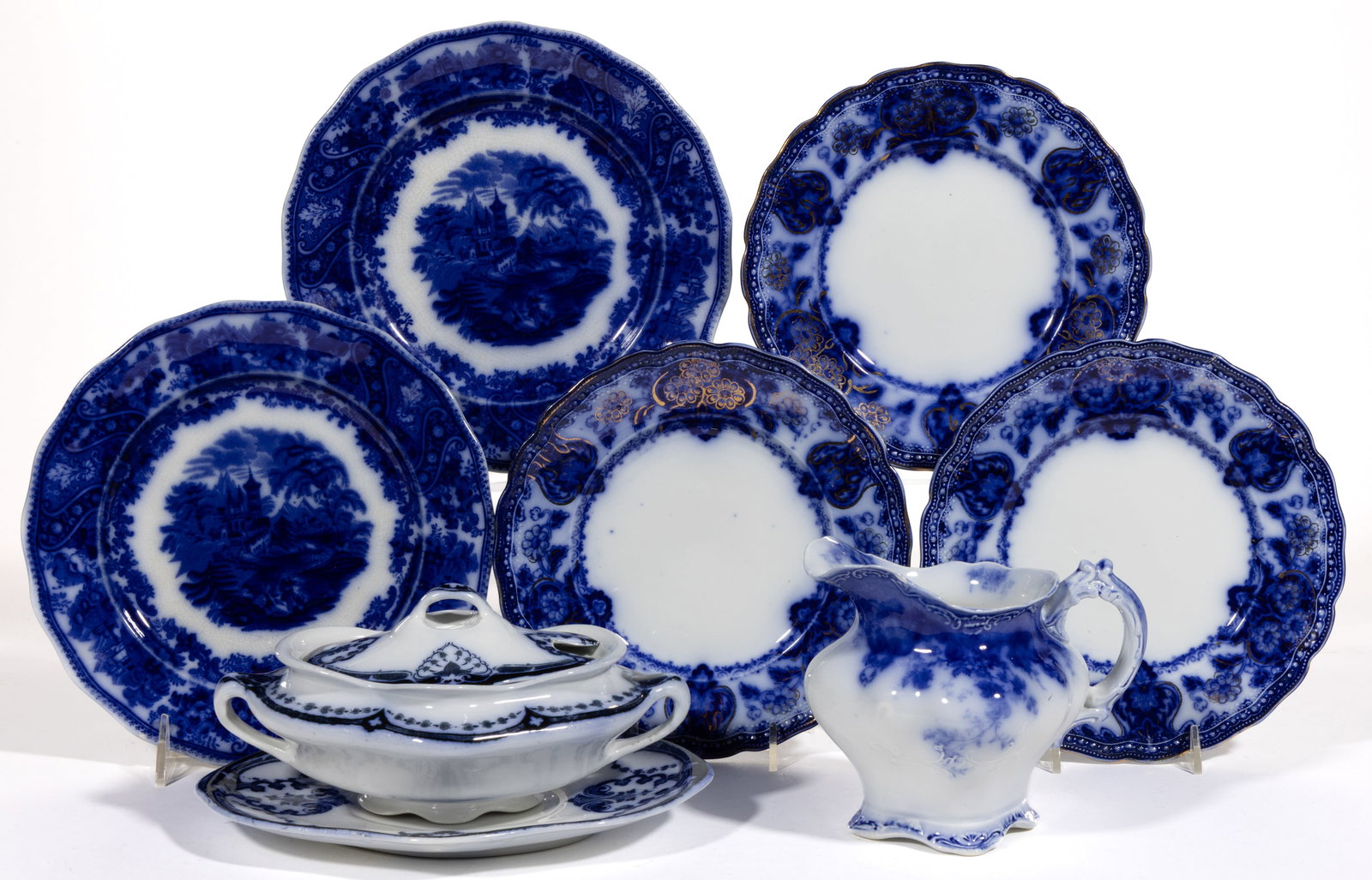 ENGLISH FLOW BLUE CERAMIC TABLE ARTICLES, LOT OF EIGHT (1 of 2)