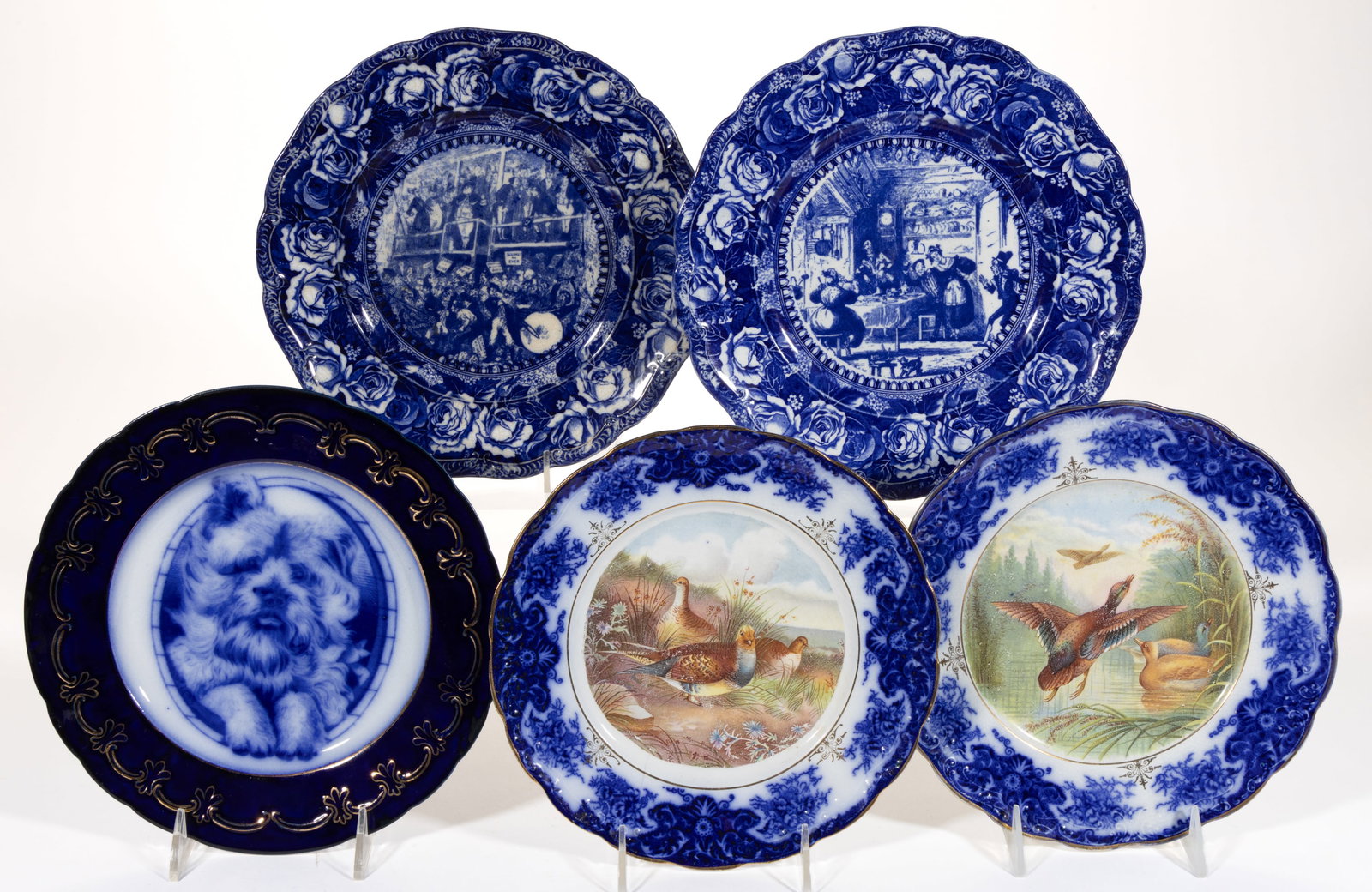 AMERICAN AND ENGLISH FLOW BLUE CERAMIC ANIMAL AND OTHER MOTIF PLATES, LOT OF FIVE (1 of 1)