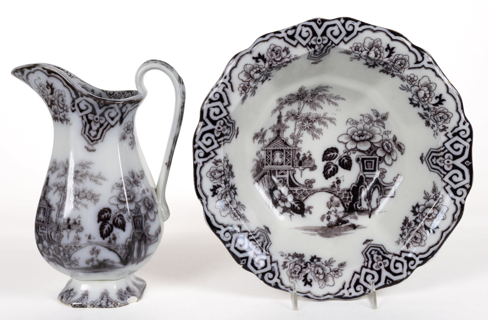 ENGLISH STAFFORDSHIRE FLOW-DECORATED / MULBERRY "BOCHARA" IRONSTONE WASH PITCHER AND BASIN (1 of 2)