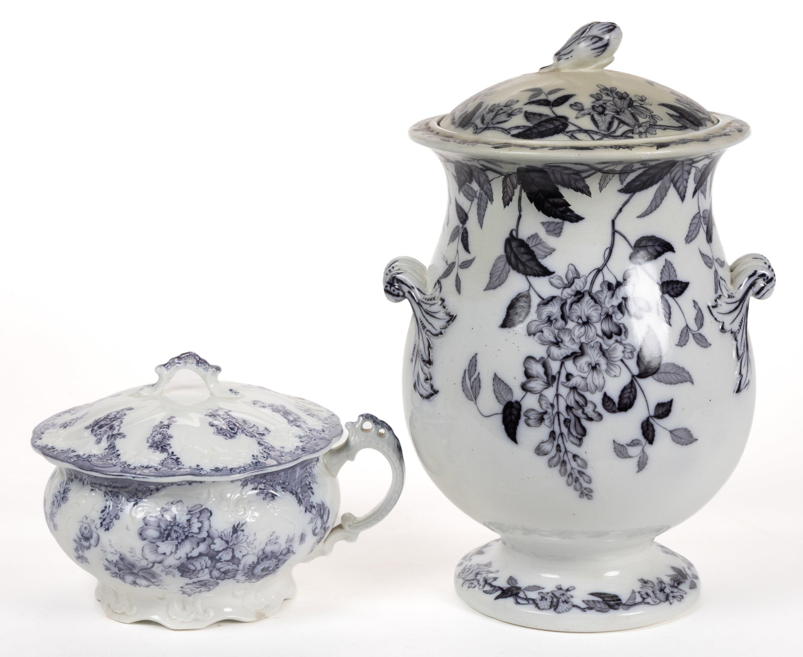 ENGLISH STAFFORDSHIRE FLOW-DECORATED / MULBERRY FLORAL MOTIF IRONSTONE CHAMBER ARTICLES, LOT OF TWO (1 of 1)