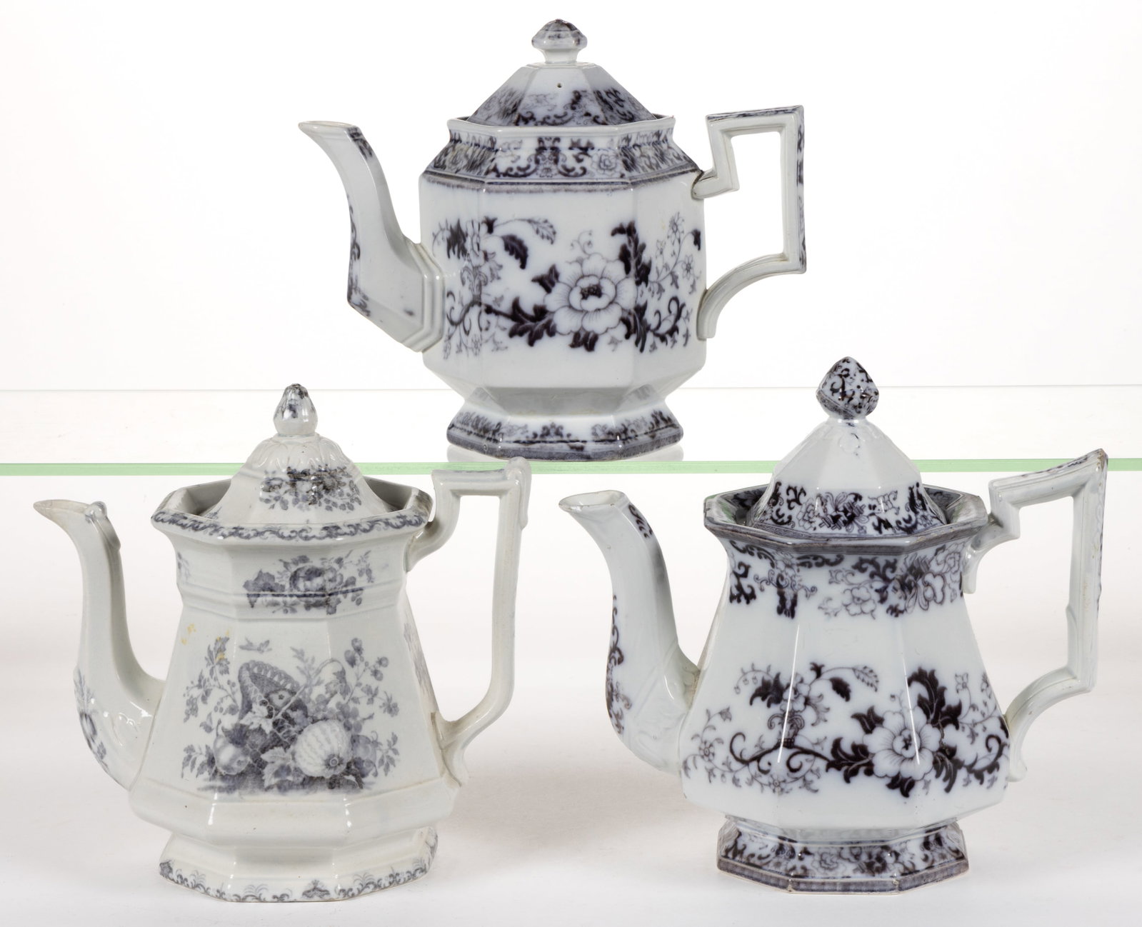 ENGLISH STAFFORDSHIRE FLOW-DECORATED / MULBERRY FLORAL MOTIF IRONSTONE COFFEE POTS, LOT OF THREE (1 of 1)
