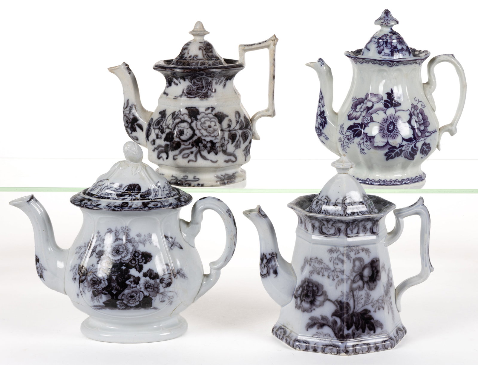 ENGLISH STAFFORDSHIRE FLOW-DECORATED / MULBERRY FLORAL MOTIF IRONSTONE COFFEE POTS, LOT OF FOUR (1 of 1)