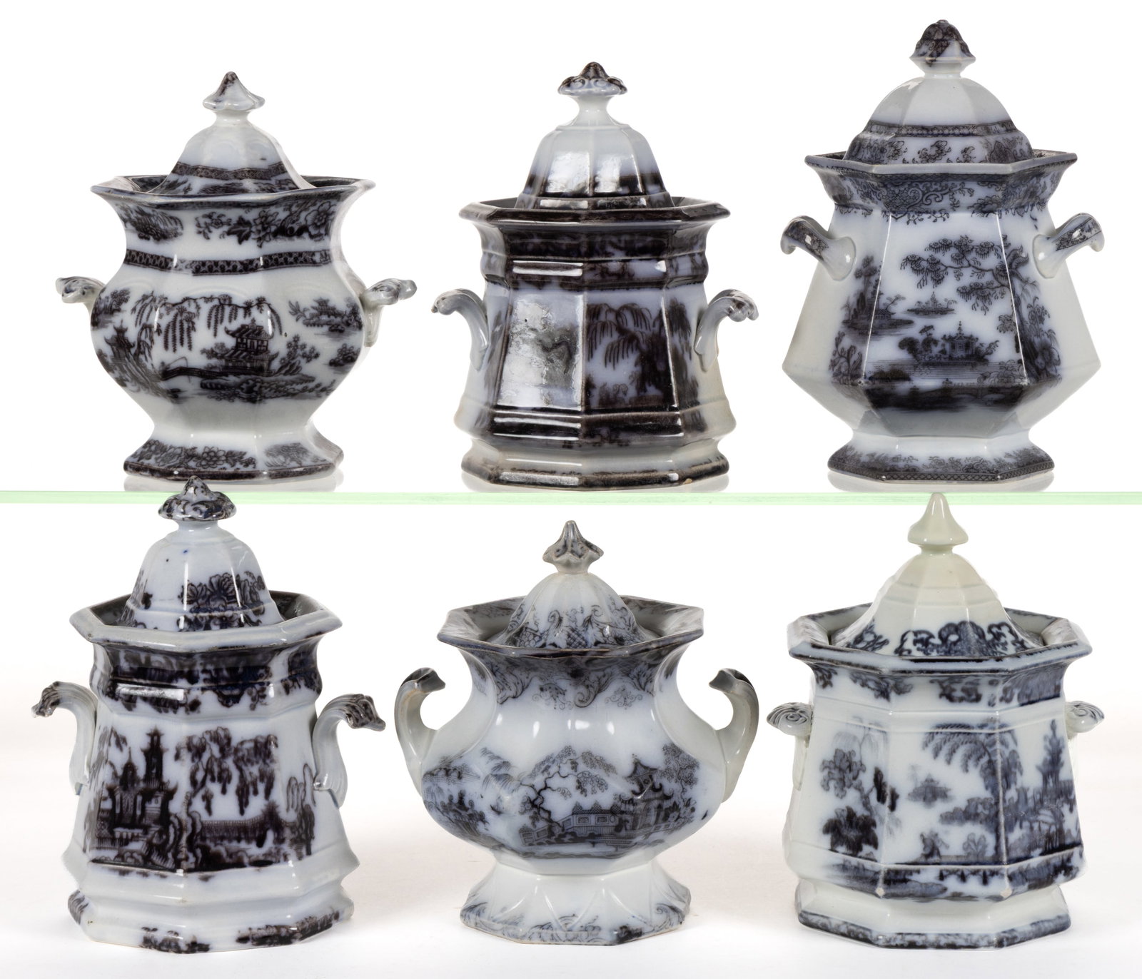 ENGLISH STAFFORDSHIRE FLOW-DECORATED / MULBERRY CHINOISERIE MOTIF IRONSTONE COVERED SUGAR BOWLS, LOT: ENGLISH STAFFORDSHIRE FLOW-DECORATED / MULBERRY CHINOISERIE MOTIF IRONSTONE COVERED SUGAR BOWLS, LOT OF SIX, comprising examples with patterns "PELEW", "SHAPOO", Tonquin, Corean, S